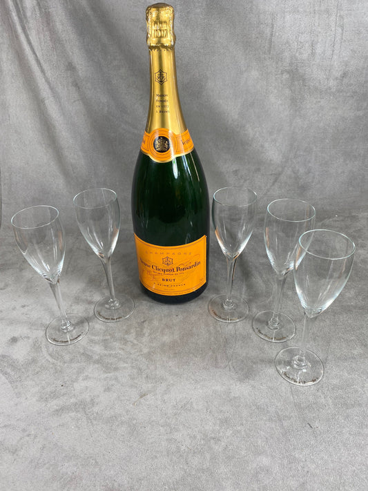 Lot de 5 Flûtes Veuve Clicquot L'authentique en verre soufflée bouche vintage made in France Années 1950