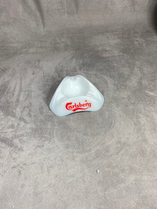 Vintage Carlsberg triangular advertising ashtray in white glass Made in France