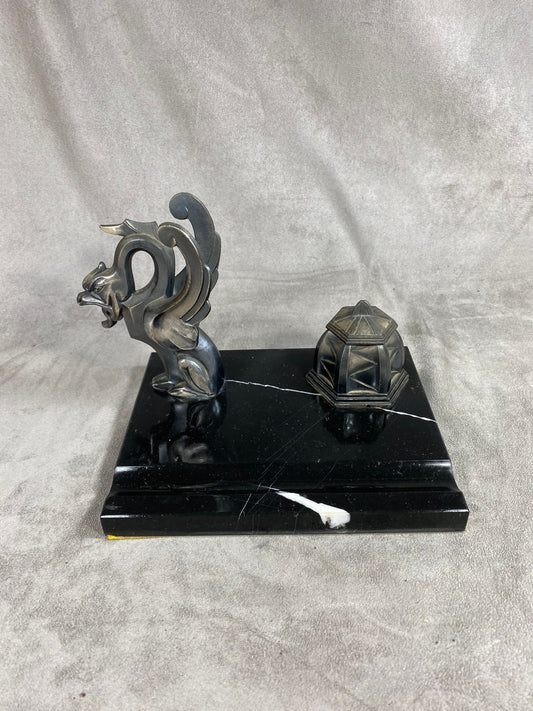 Vintage Art Deco inkwell with dragon decoration on black marble base 1930s