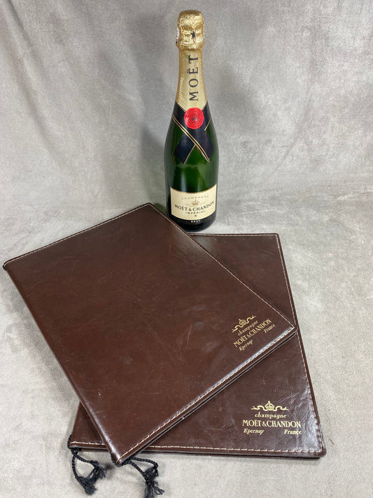 Set of 2 Möet &amp; Chandon vintage 1980 brown leather menu holders Made in France