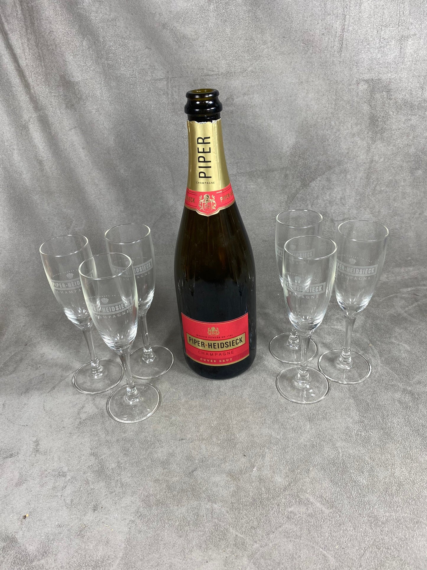 Lot de 6 flûtes à Champagne en verre Piper-Heidsieck Reims Années 1980