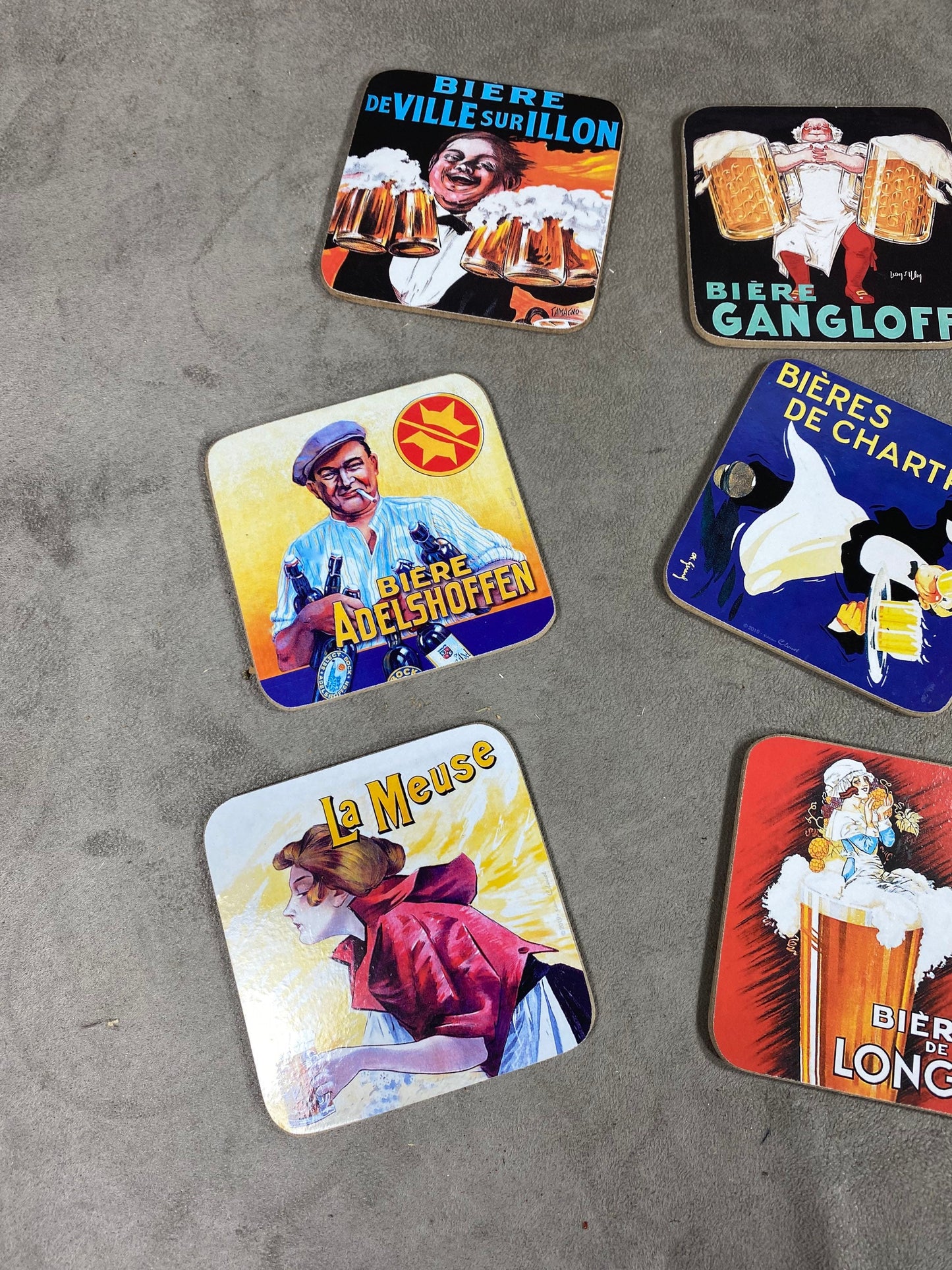 Set of 6 coasters Liège Edition Clouet Beers, Ville sur Illon, Gangloff, Adelshoffen, Chartres, La Meuse, Longwy Made in France Vintage