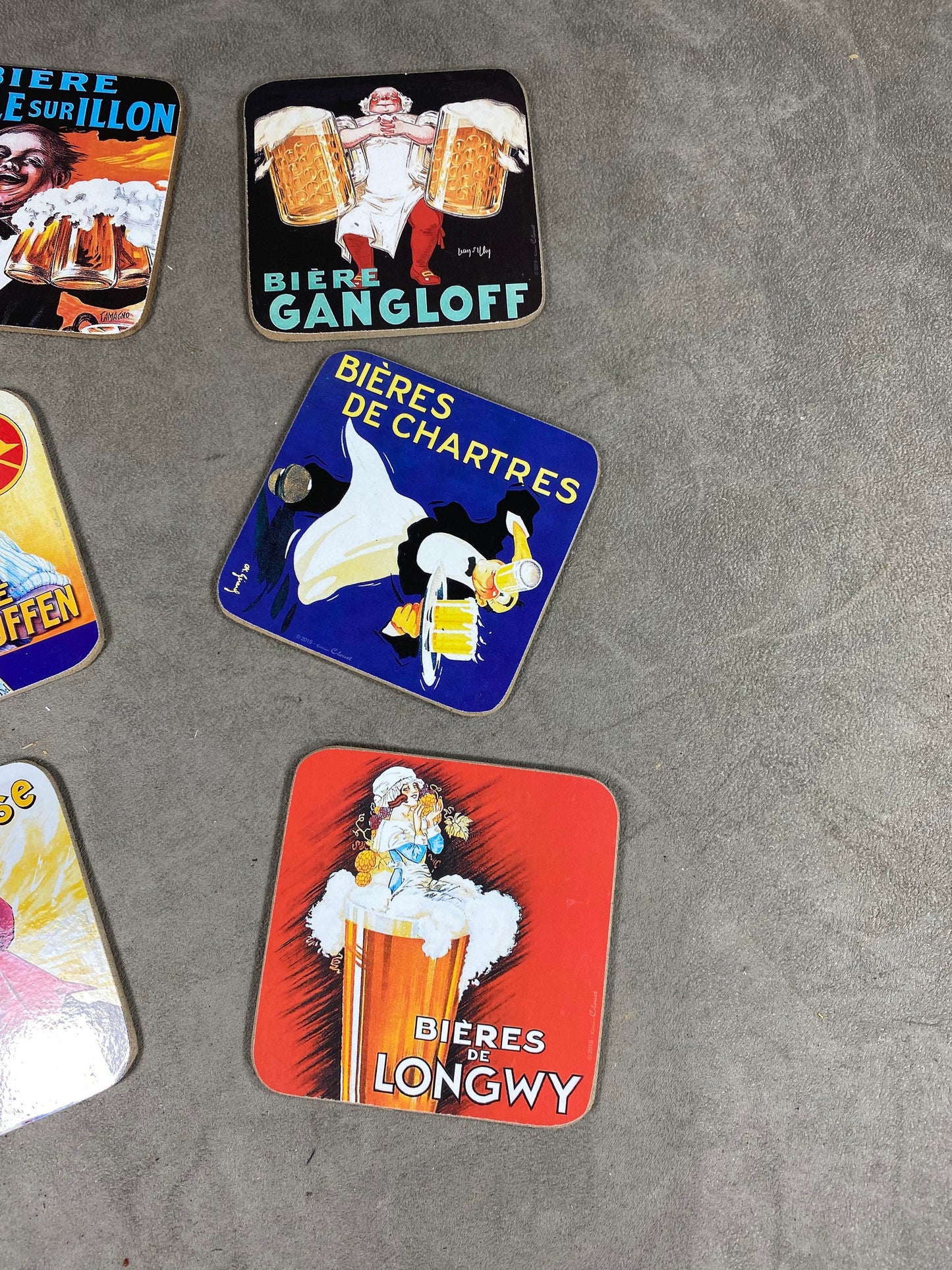 Set of 6 coasters Liège Edition Clouet Beers, Ville sur Illon, Gangloff, Adelshoffen, Chartres, La Meuse, Longwy Made in France Vintage