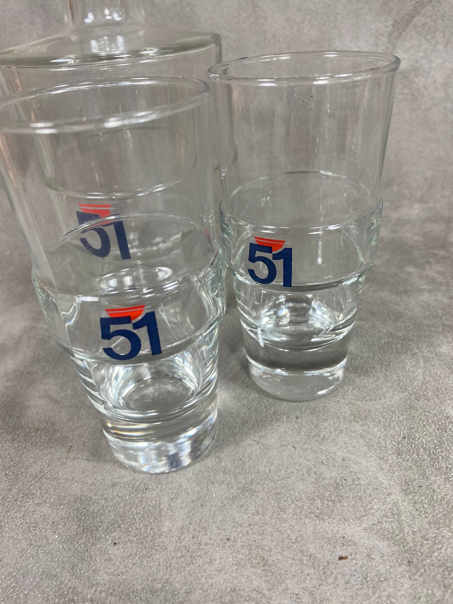 Pastis Pitcher 51 Glass water pitcher and 2 vintage retro glasses Made in France 1970s