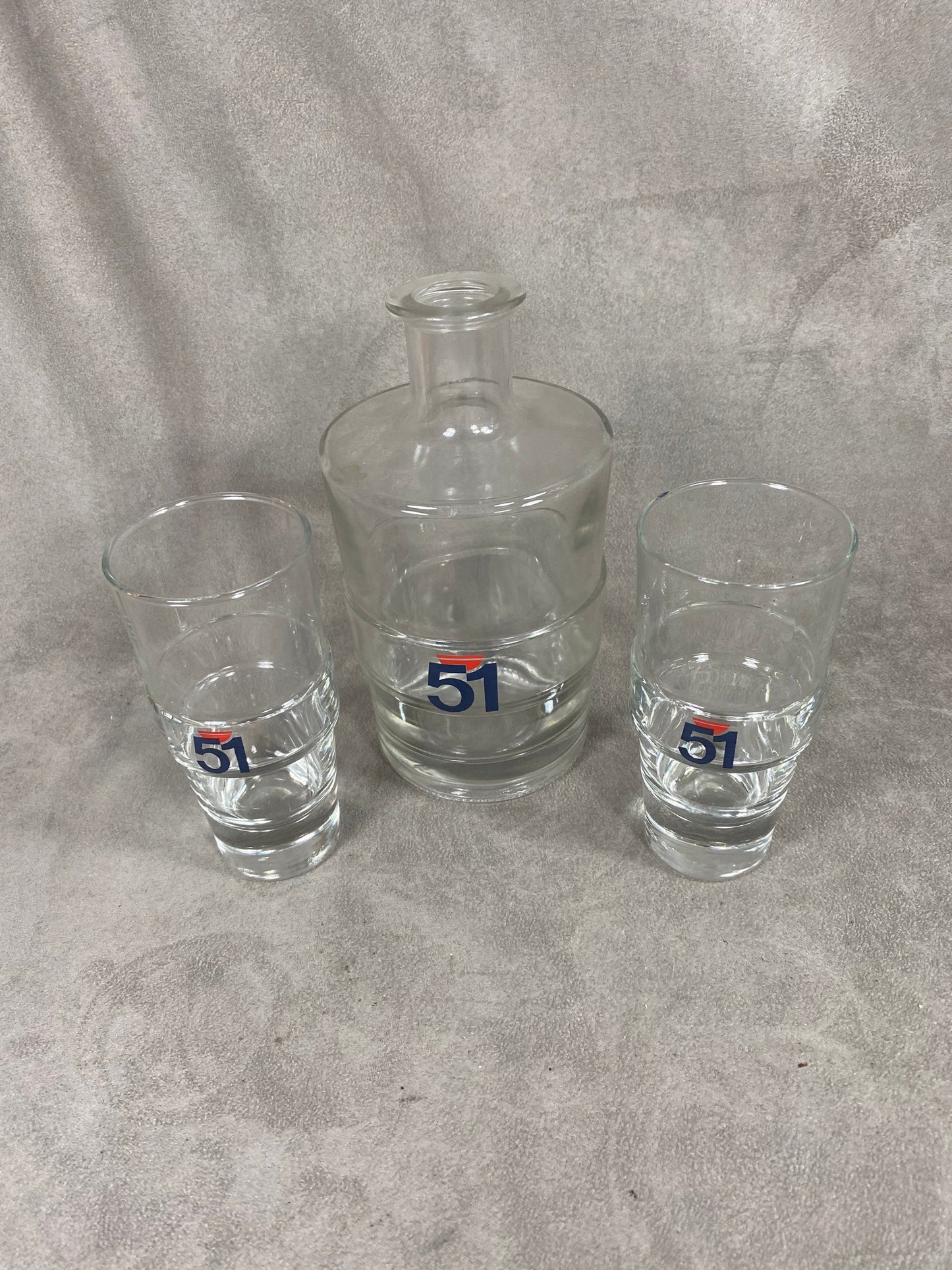 Pastis Pitcher 51 Glass water pitcher and 2 vintage retro glasses Made in France 1970s