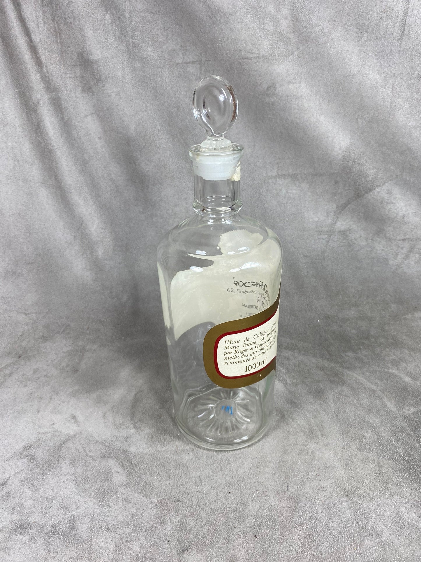 RARE Ancienne bouteille vide d'eau de cologne Roger&Gallet Jean Marie Farina en verre vintage