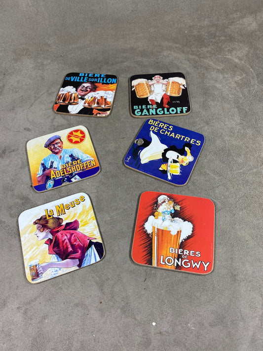 Set of 6 coasters Liège Edition Clouet Beers, Ville sur Illon, Gangloff, Adelshoffen, Chartres, La Meuse, Longwy Made in France Vintage