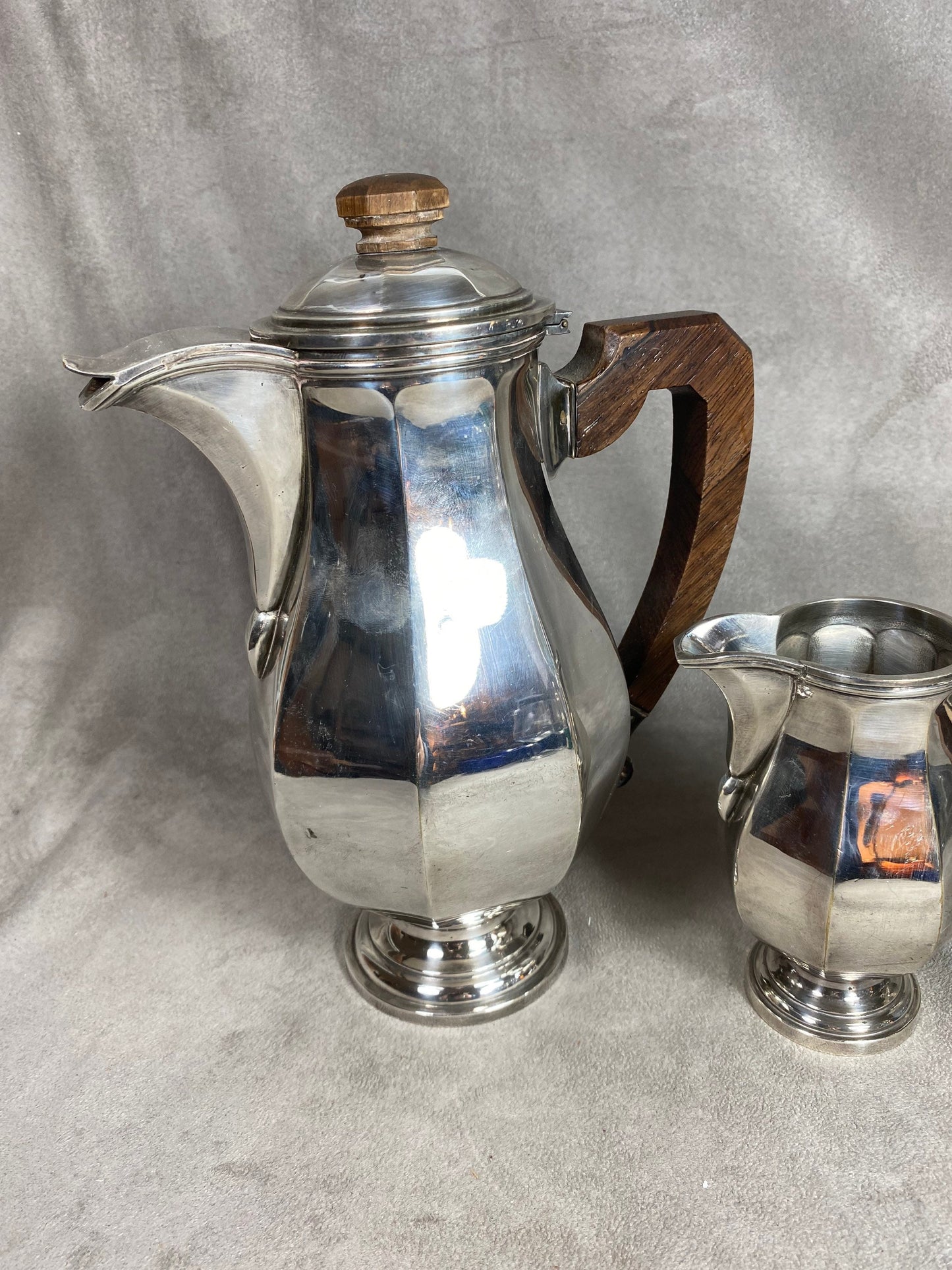 Set of a vintage silver-plated coffee pot and milk jug Made in France 1930