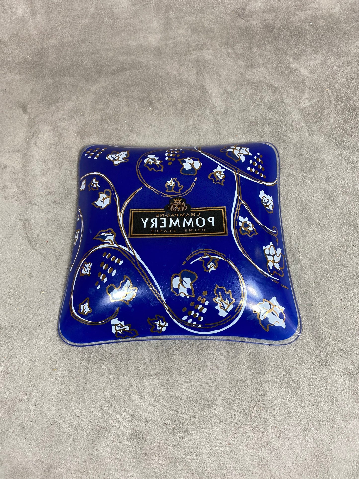 POMMERY champagne collector's ashtray in vintage blue glass made in France