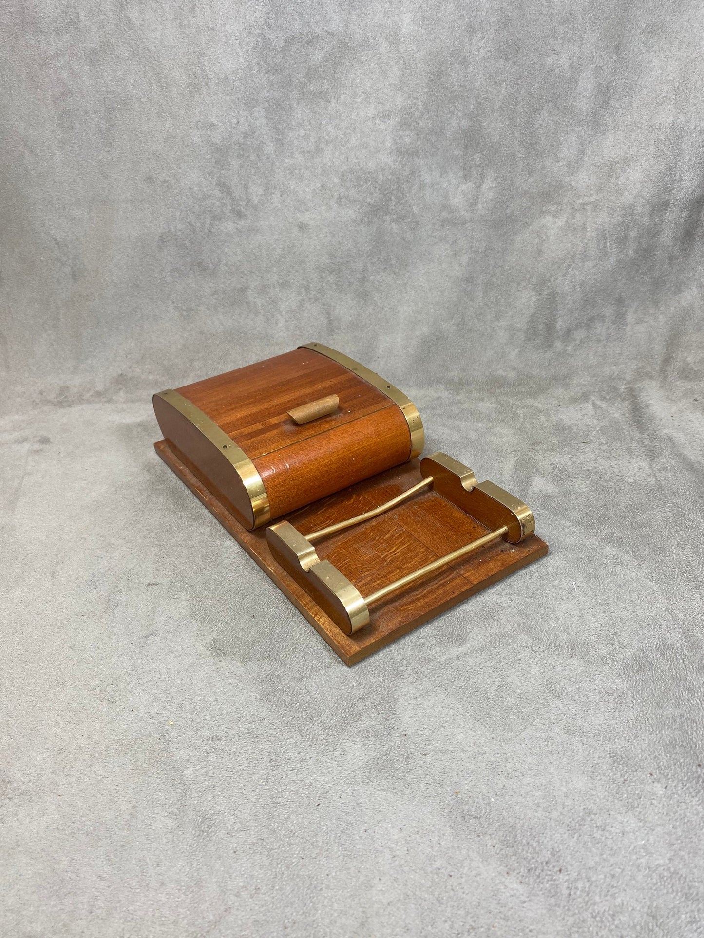 Wooden cigarette box dispenser with vintage glass ashtray Made in France