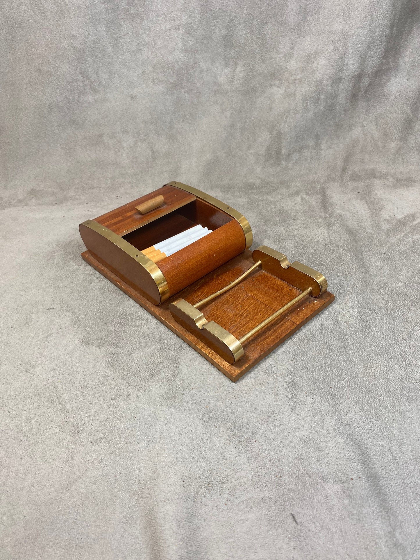 Wooden cigarette box dispenser with vintage glass ashtray Made in France