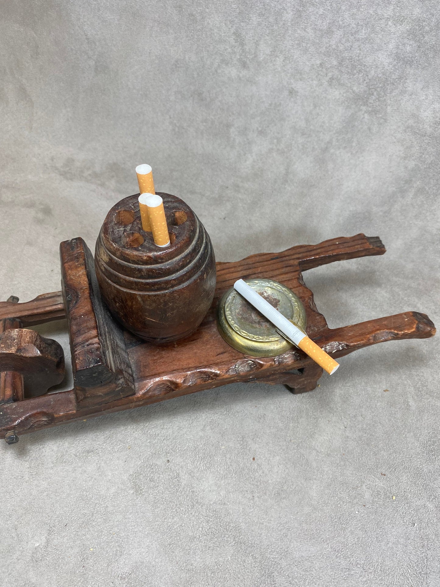 Wooden Cigarette Dispenser Display Stand with Ashtray, Wheelbarrow with Barrel, Made in France, Vintage 1960