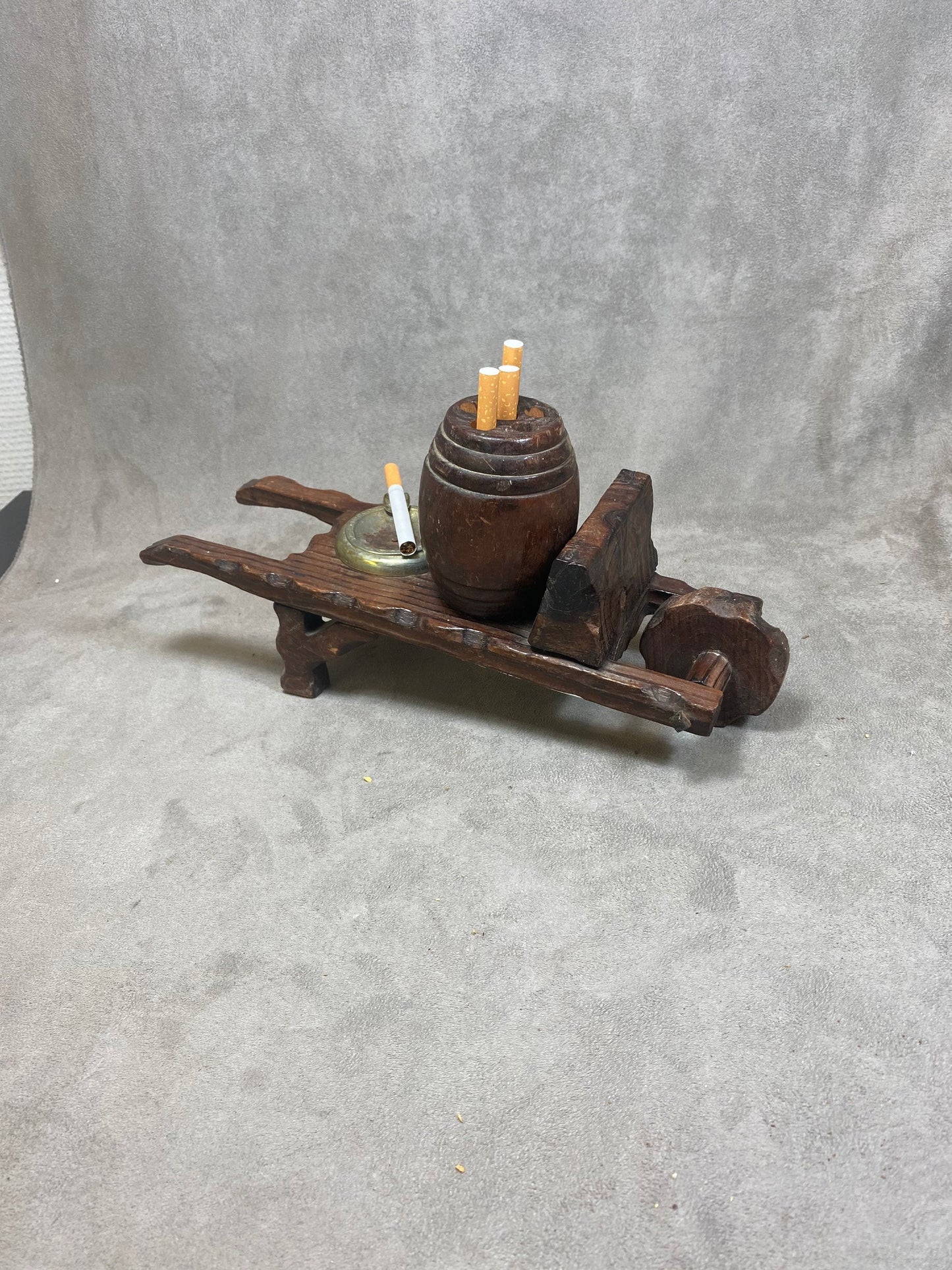 Wooden Cigarette Dispenser Display Stand with Ashtray, Wheelbarrow with Barrel, Made in France, Vintage 1960