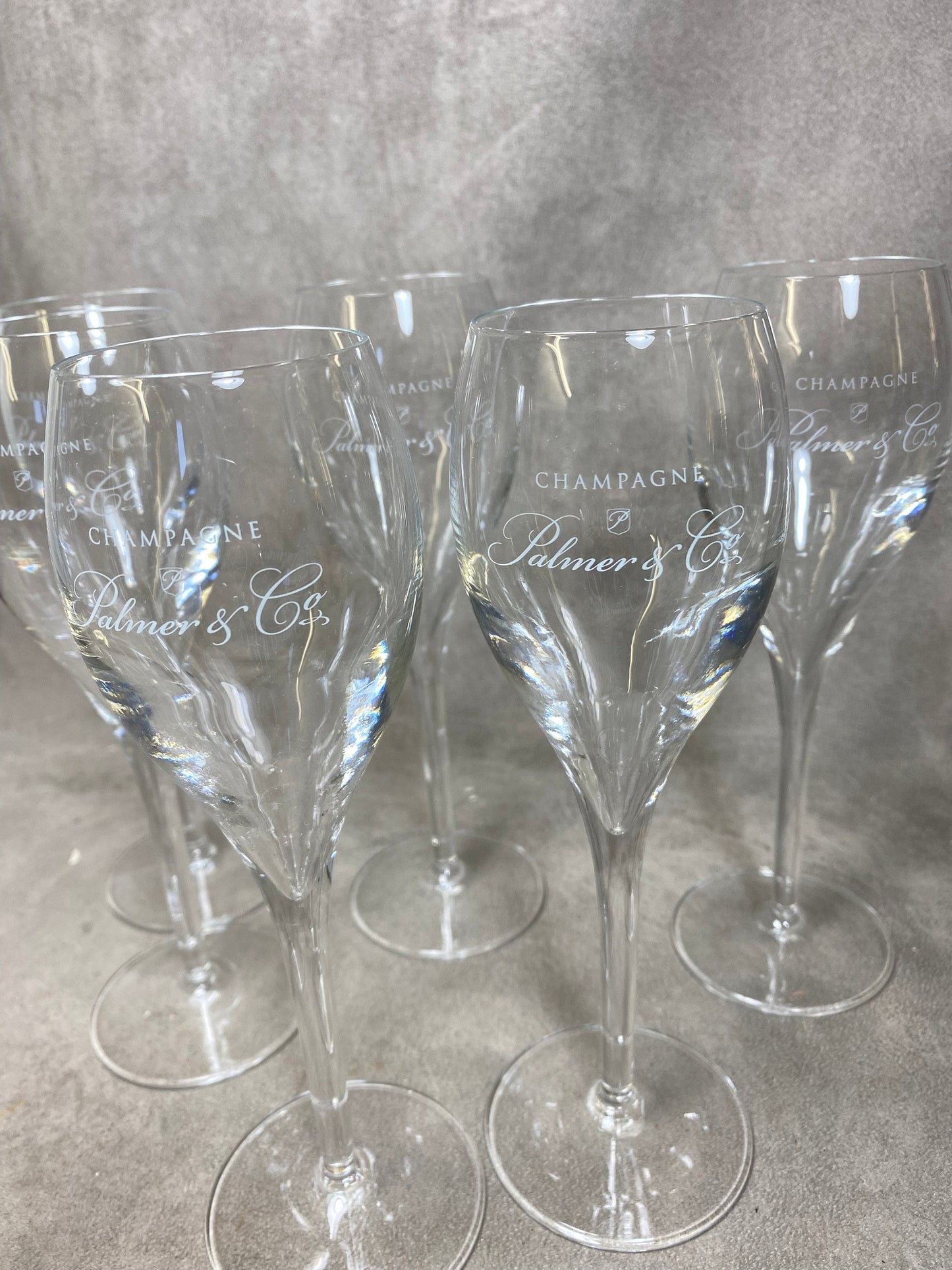 Lot de 6 flutes en verre vintage Champagne Palmer&Co Reims Années 1980