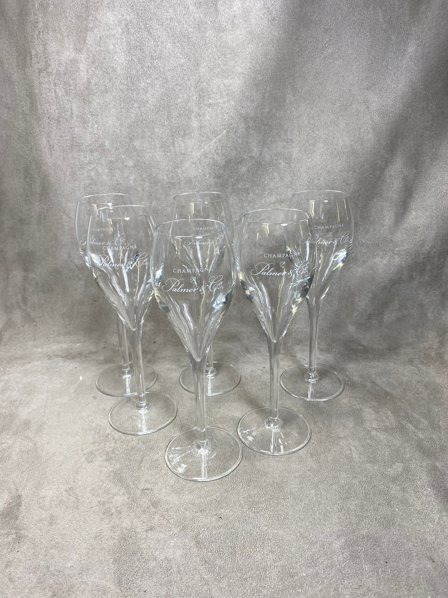 Lot de 6 flutes en verre vintage Champagne Palmer&Co Reims Années 1980