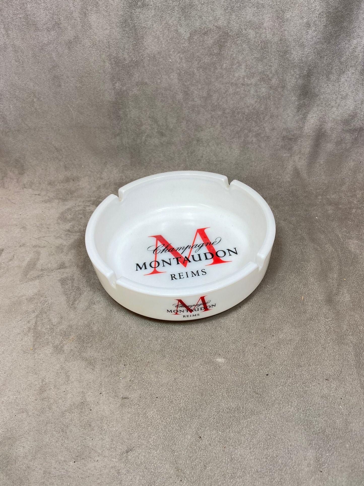 XXL vintage Montaudon champagne ashtray in white glass from the 1980s