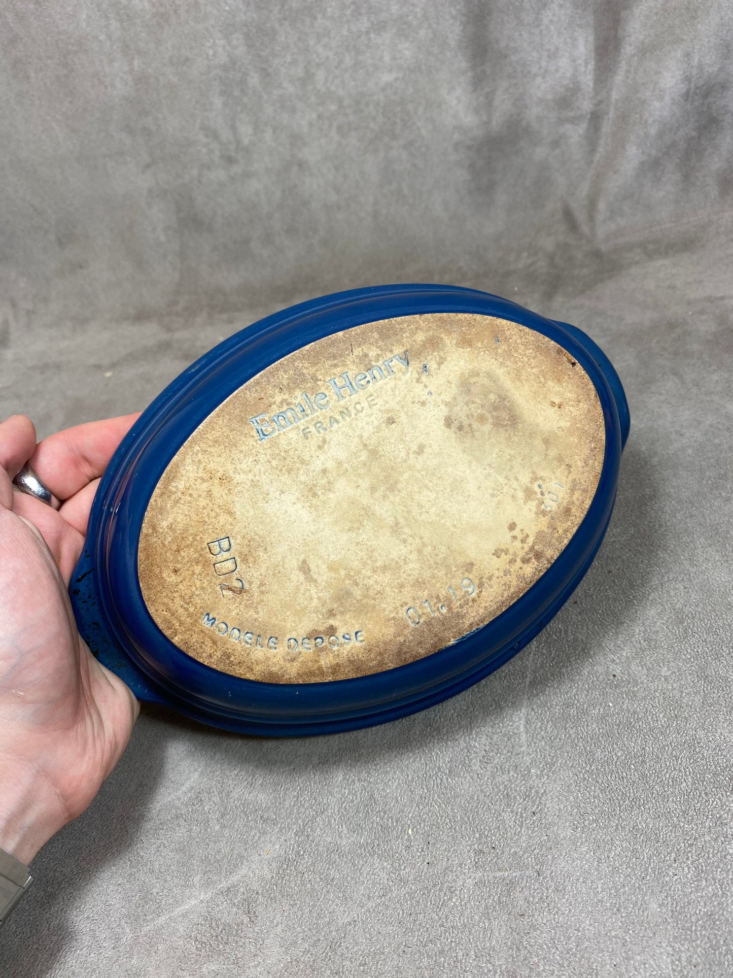 Vintage Emile Henry Blue Ceramic Dish Made in France 1980s