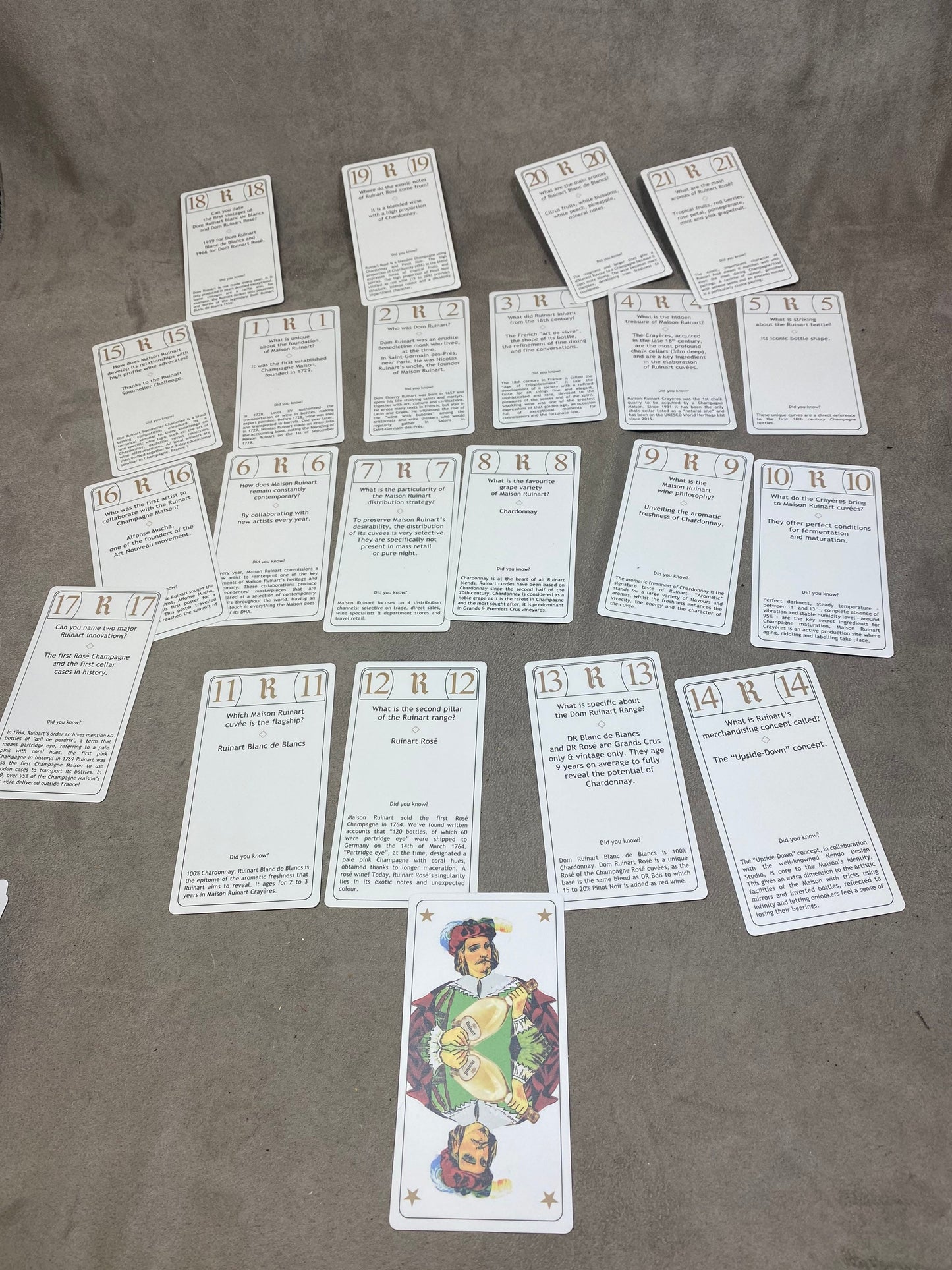 SELTENES komplettes Ruinart Champagner Tarot Kartenspiel mit Champagner und Fragebogenkarten der Marke Ruinart 1990er Jahre