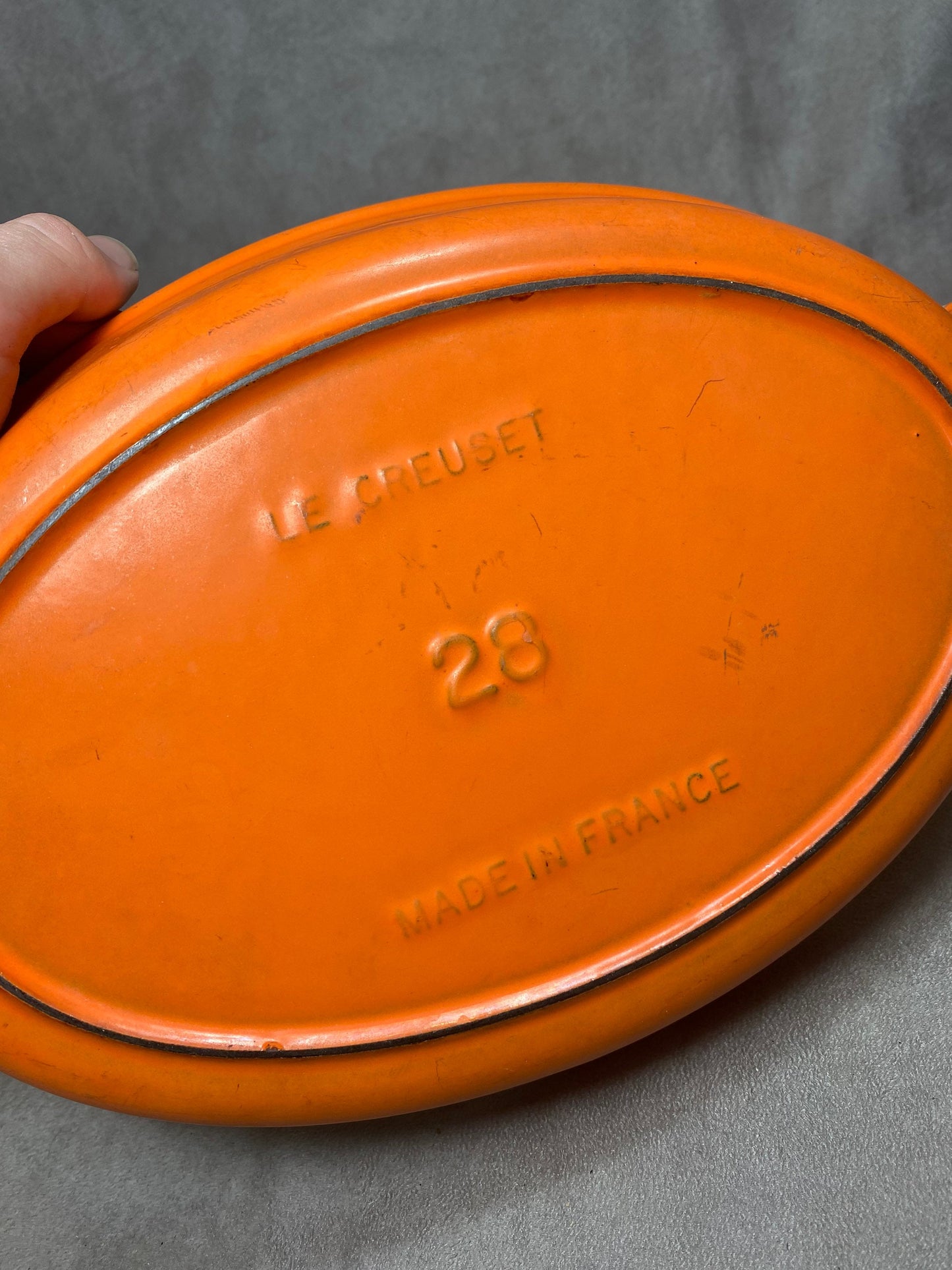 Vintage Le Creuset Cousance Orange Gusseisen Schale Made in France 1980er Jahre