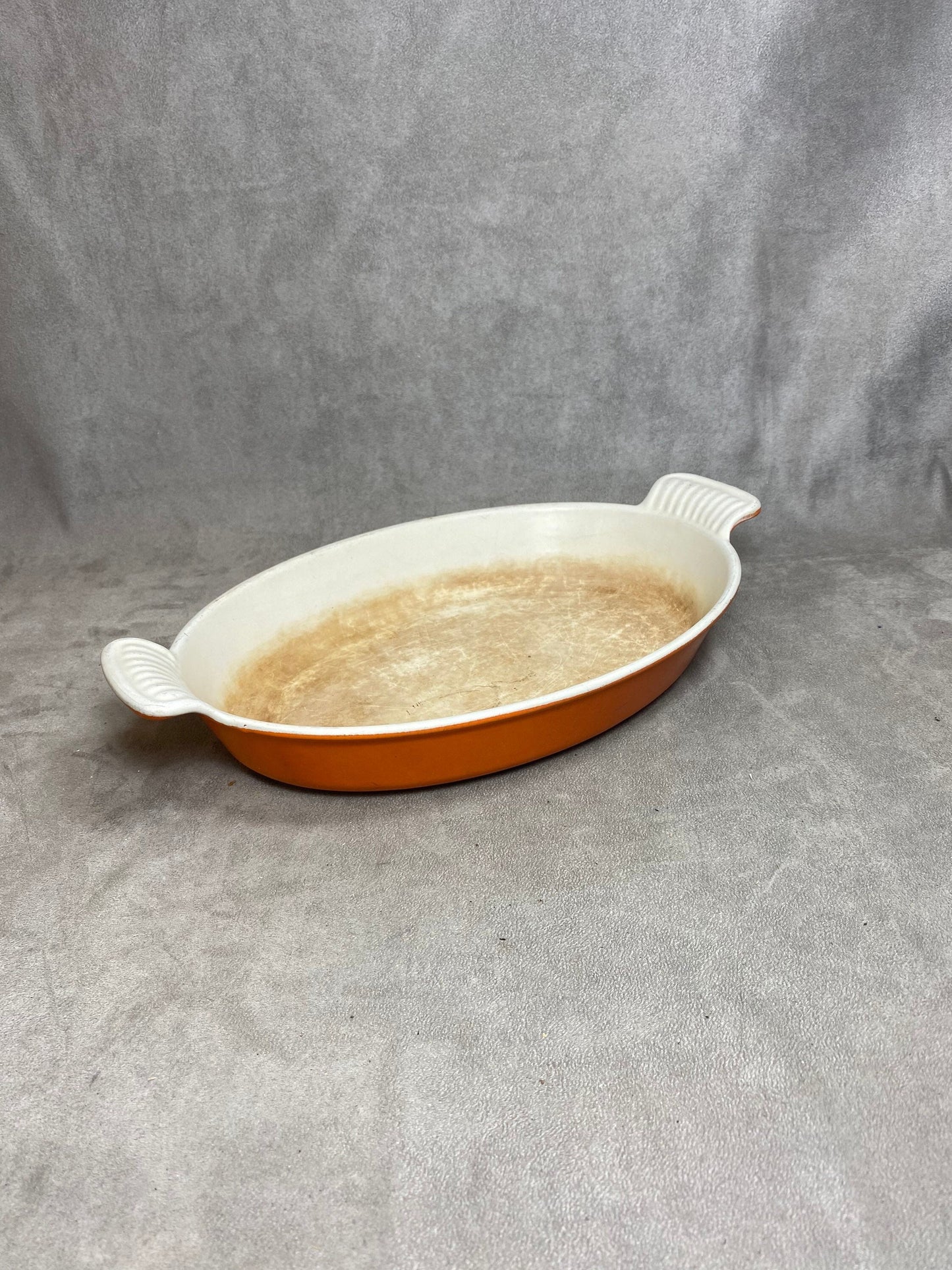 Vintage Le Creuset Cousance Orange Gusseisen Schale Made in France 1980er Jahre