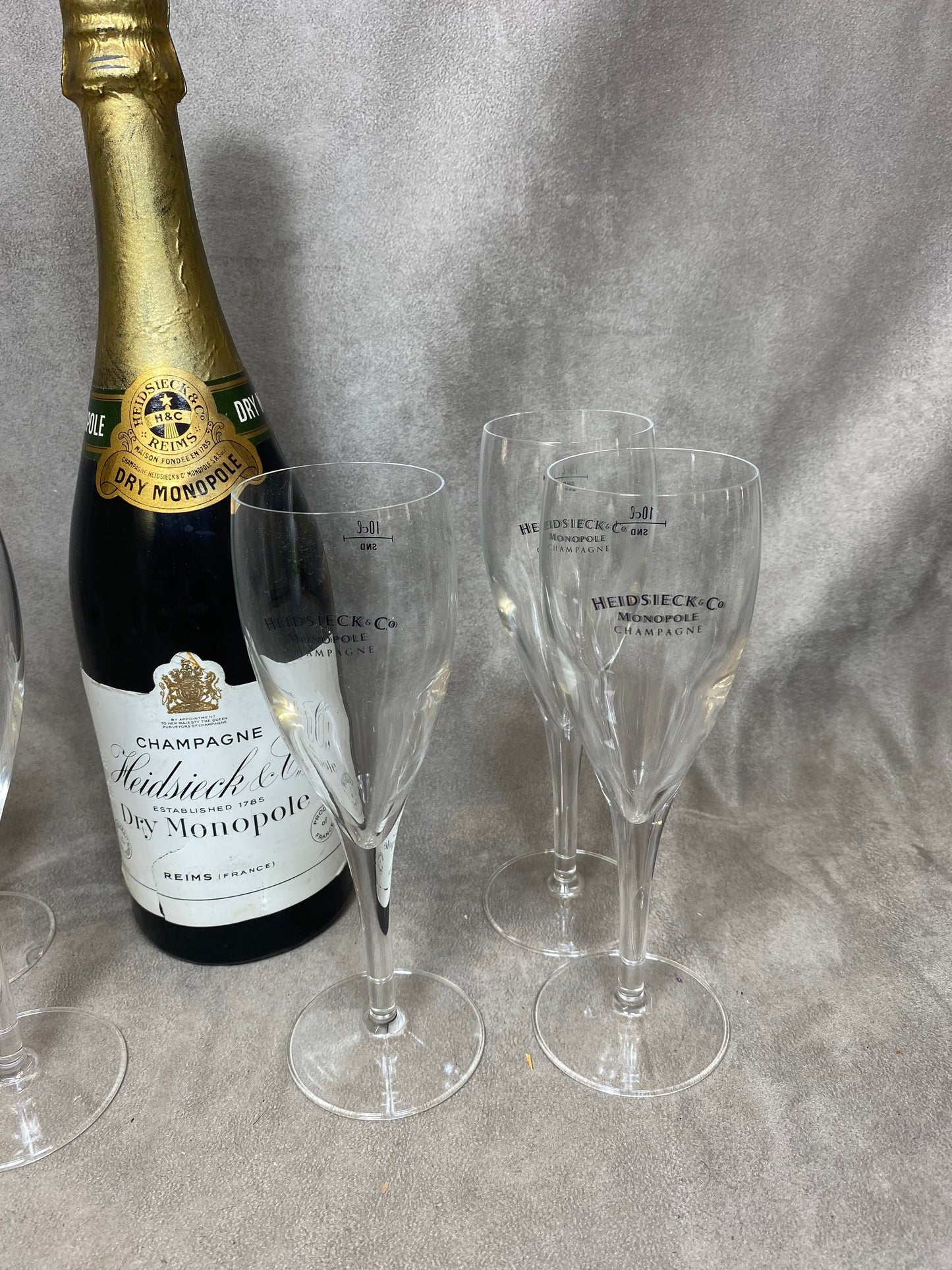 Lot de 6 flûtes à Champagne en verre Heidsieck Monopole Reims Années 1990