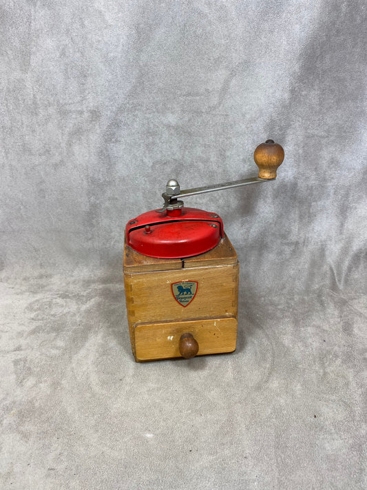 Peugeot Frères red sheet metal and wood coffee grinder EX model dated between 1947 and 1960 Shabby chic Made in France