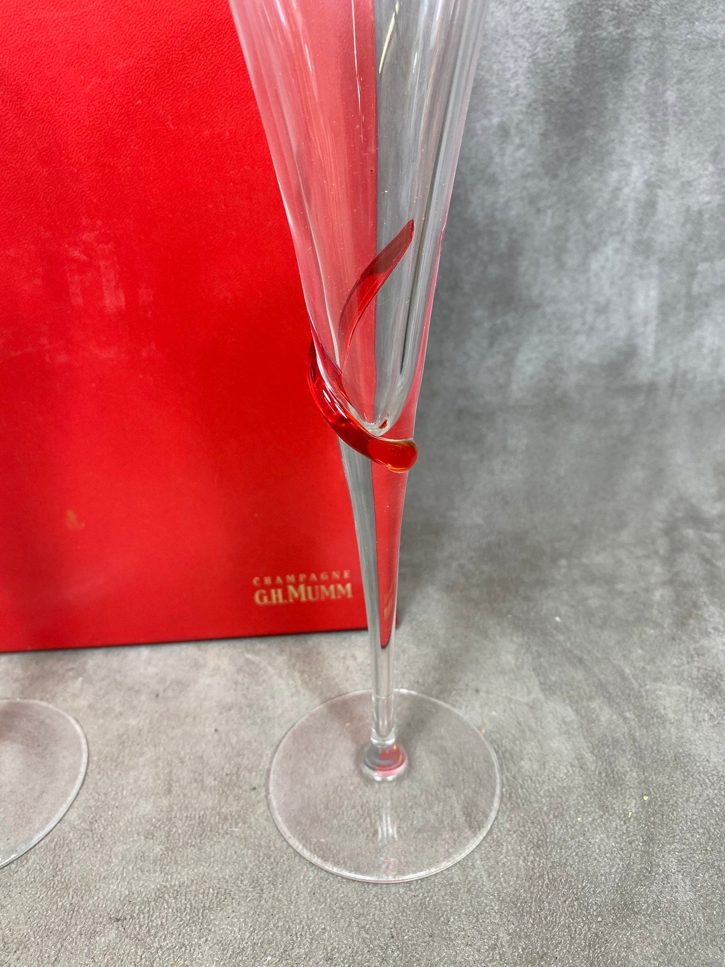 VERY RARE Set of 2 handmade Murano glass champagne flutes with box Champagne MUMM France |vintage Made in France