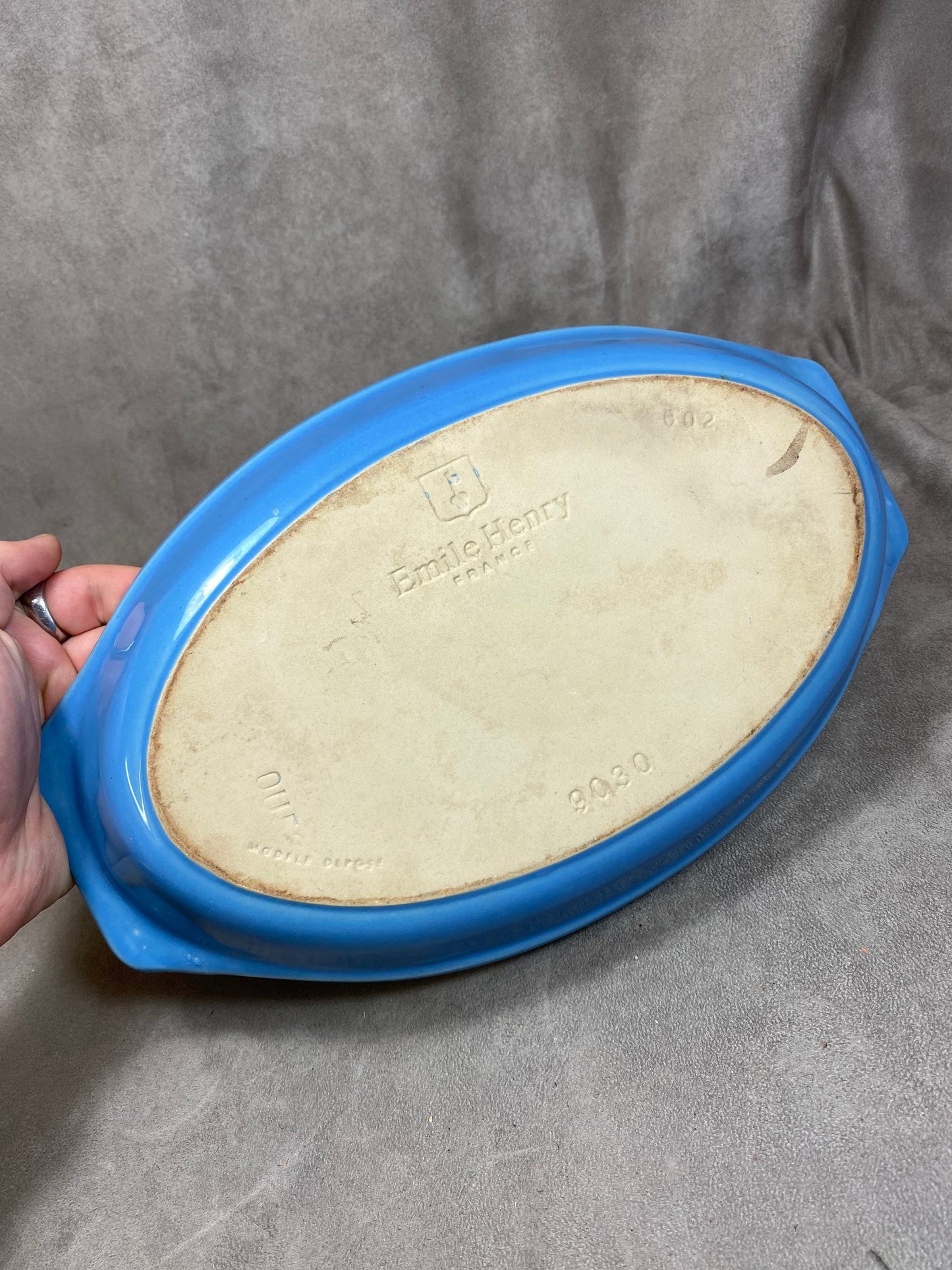 Vintage Emile Henry Blue Ceramic Dish Made in France 1980s