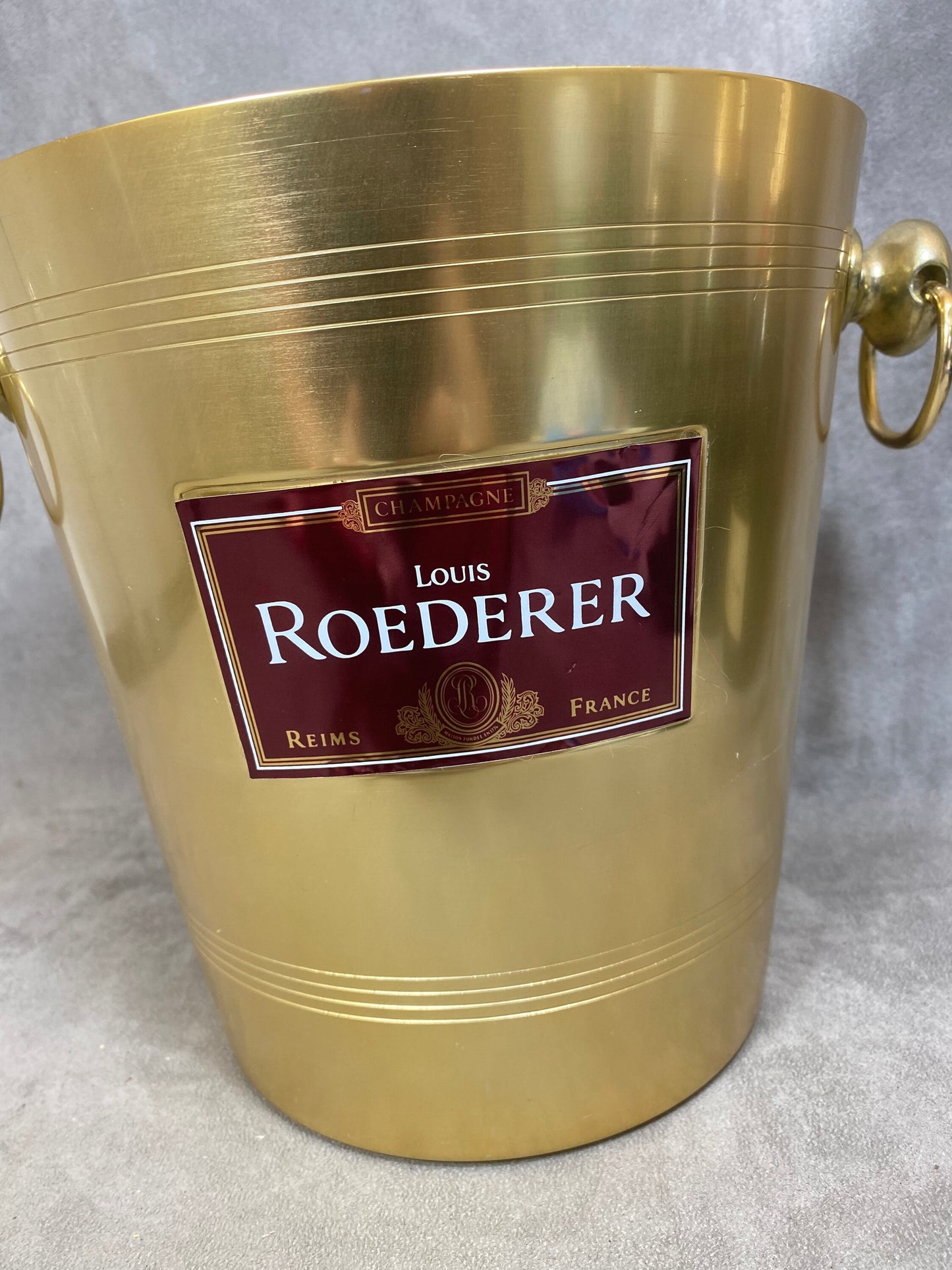 SELTENER Champagnerkühler aus vergoldetem Metall für Magnum Champagne Roederer Reims 1980er Jahre