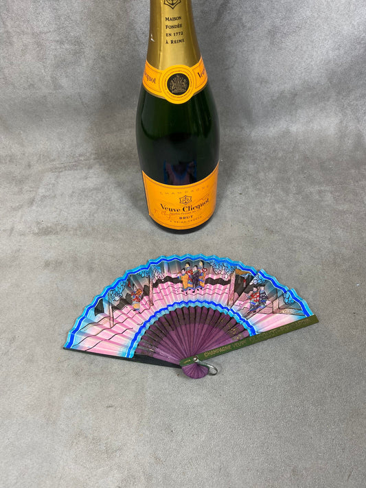 VERY RARE Antique wooden and paper fan made in Japan, hand painted, Veuve Clicquot Ponsardin, 1930s