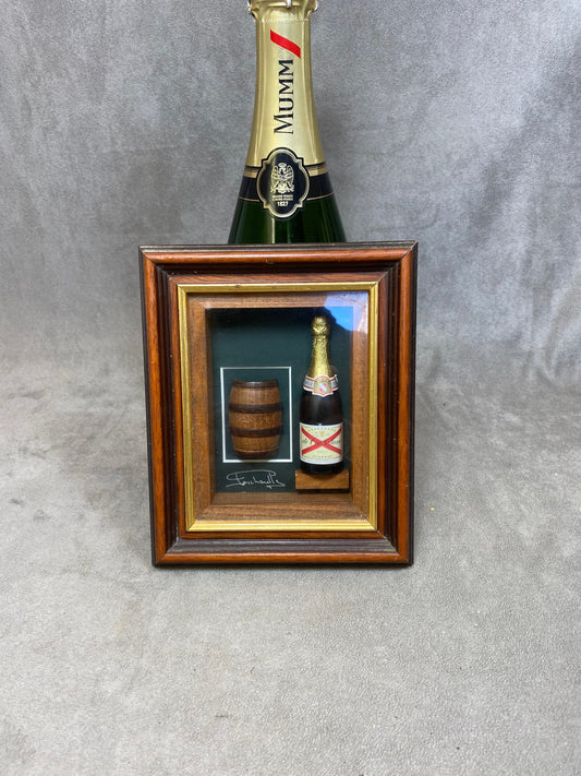 Champagne De Castelanne decorative diorama frame featuring a vintage wooden and glass champagne bottle Made in France 1980s