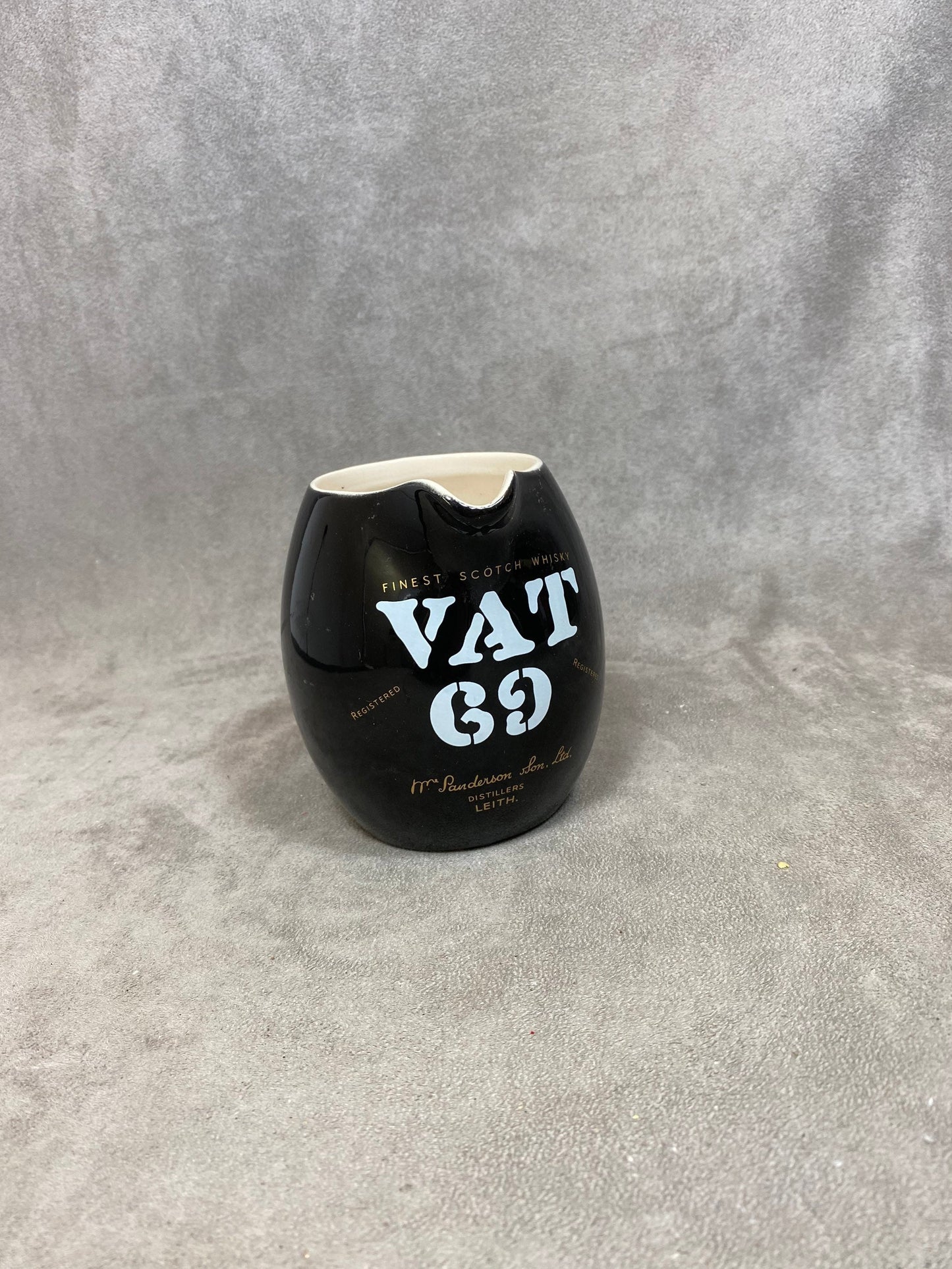 Vintage black VAT 69 ceramic advertising jug Made in England 1980s