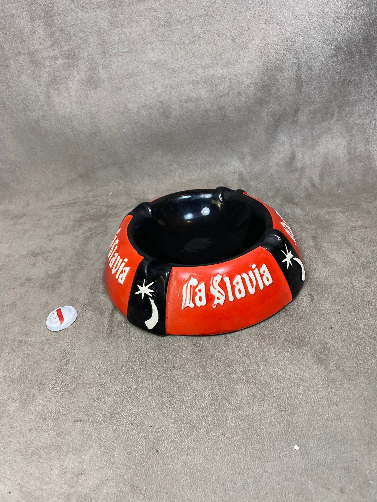 RARE XXL La Slavia beer ashtray in black and red ceramic vintage Made in France