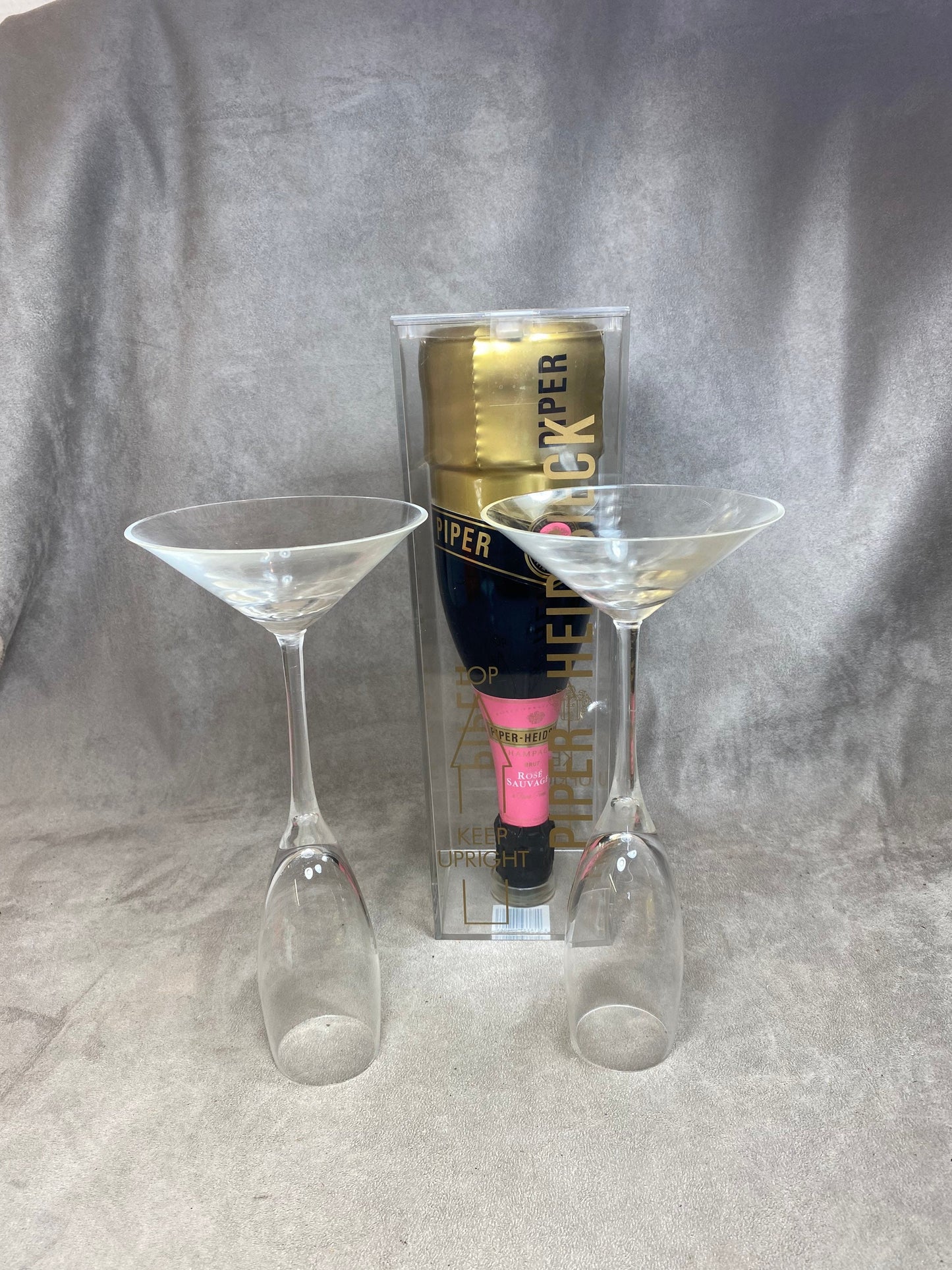 VERY RARE Set of 2 Vintage Piper-Heidsieck Champagne Crystal Flutes by Viktor&amp;Rolf in Steel 1980s