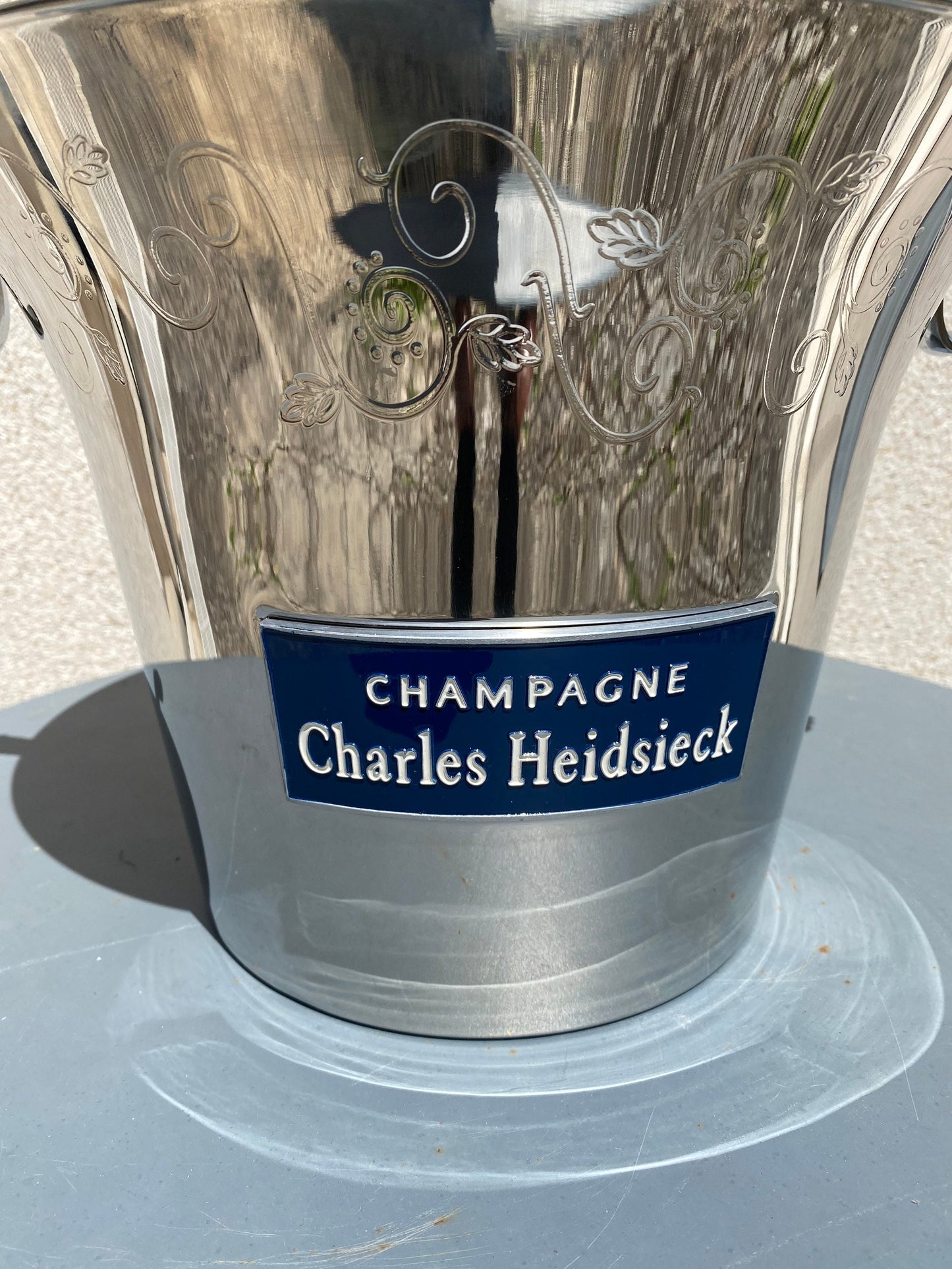 RARE Magnifique seau vasque à champagne en édition limité vintage Charles Heidsieck en acier inoxydable Années 1980