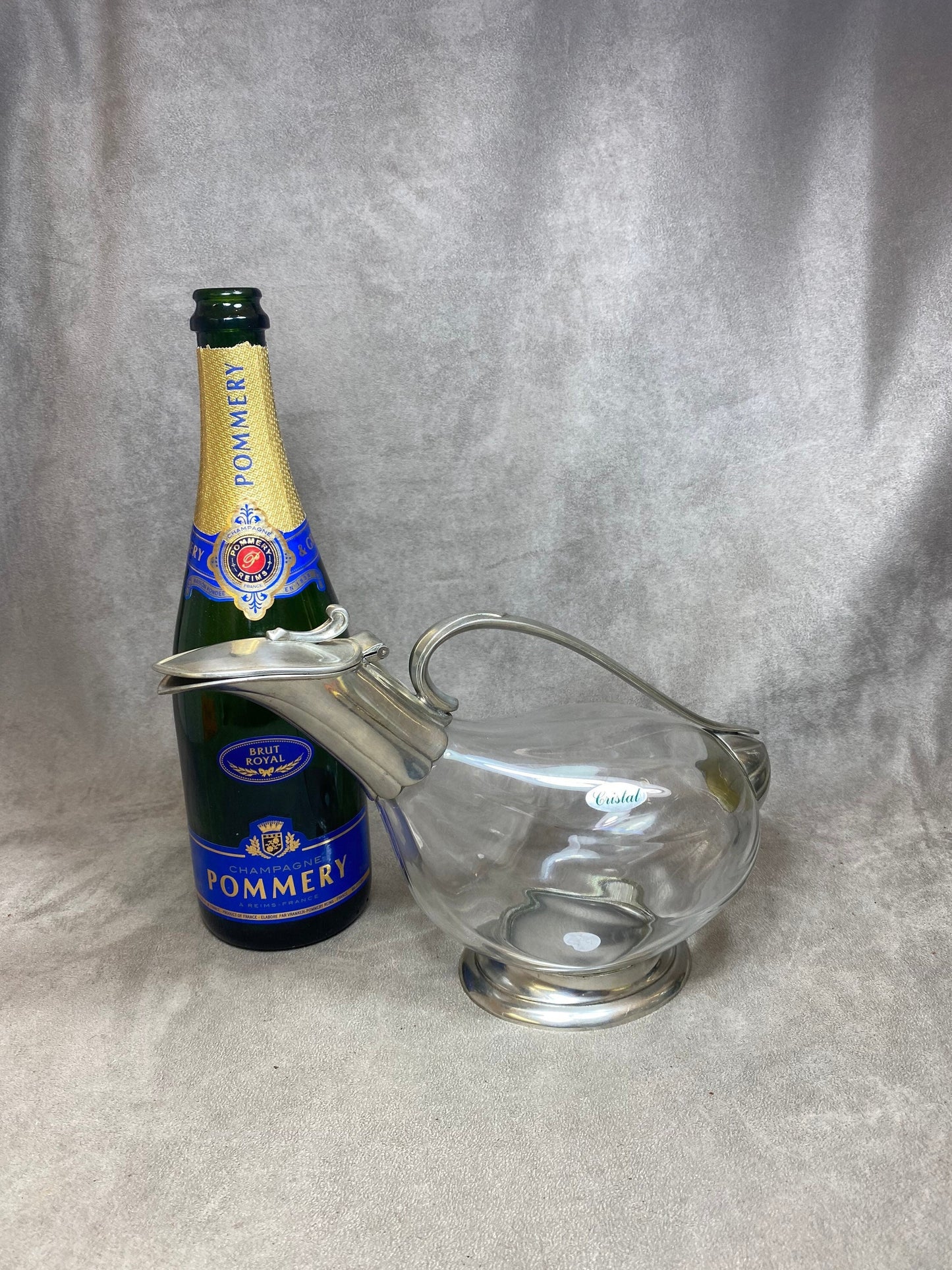 VERY RARE Carafe à décanter en cristal et etain Champagne Pommery vintage Made in France 1960