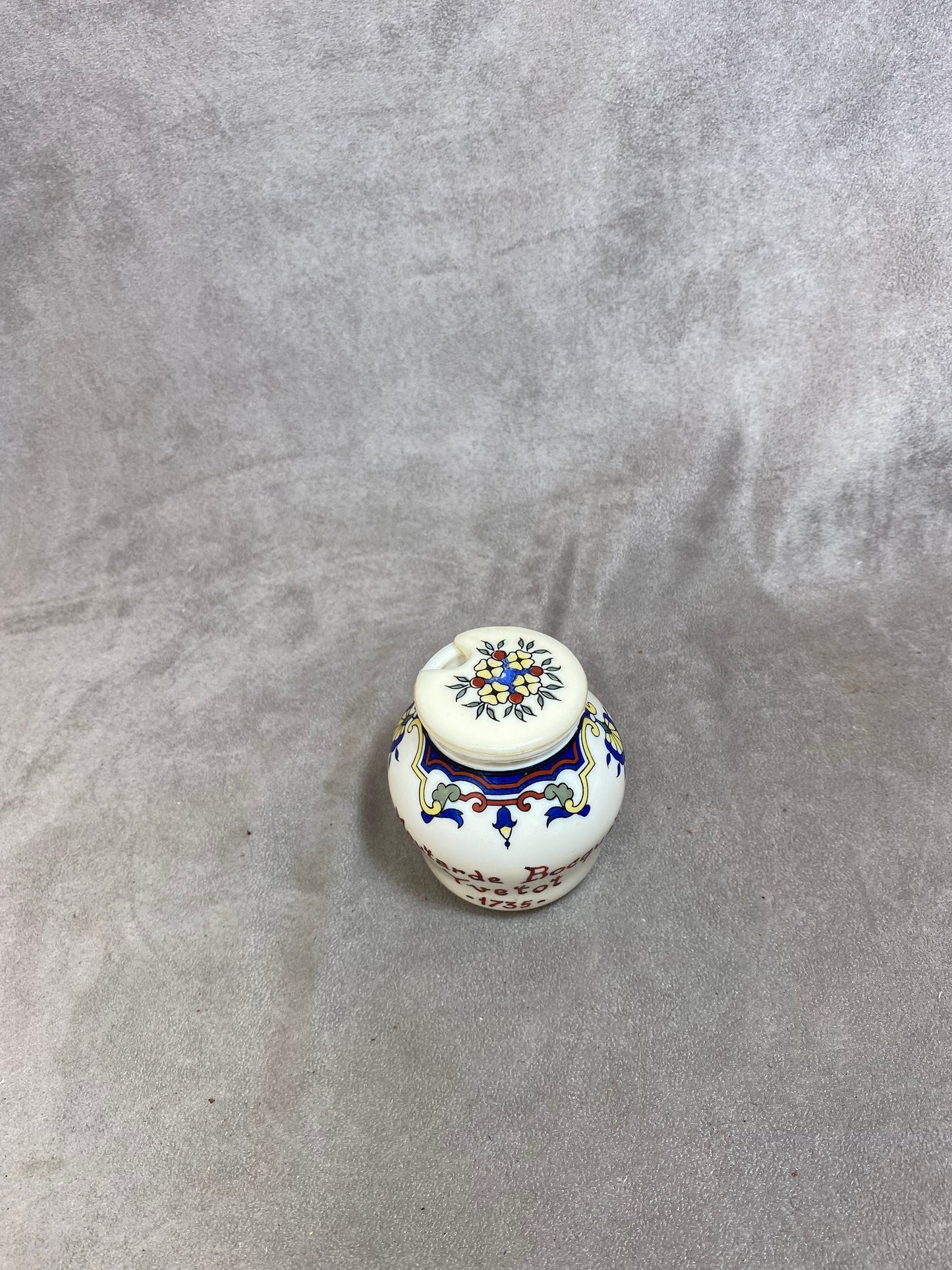 Glass mustard pot, Bocquet Yvetot 1735 mustard, Made in France, Vintage 1970