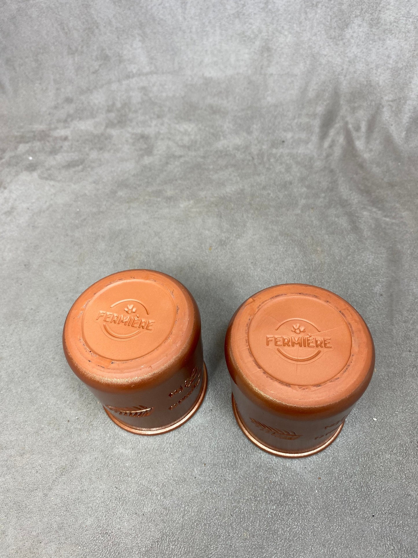 2 La Fermière yogurt pots, special edition "Happy Holidays" for Christmas in vintage gold enameled terracotta made in France