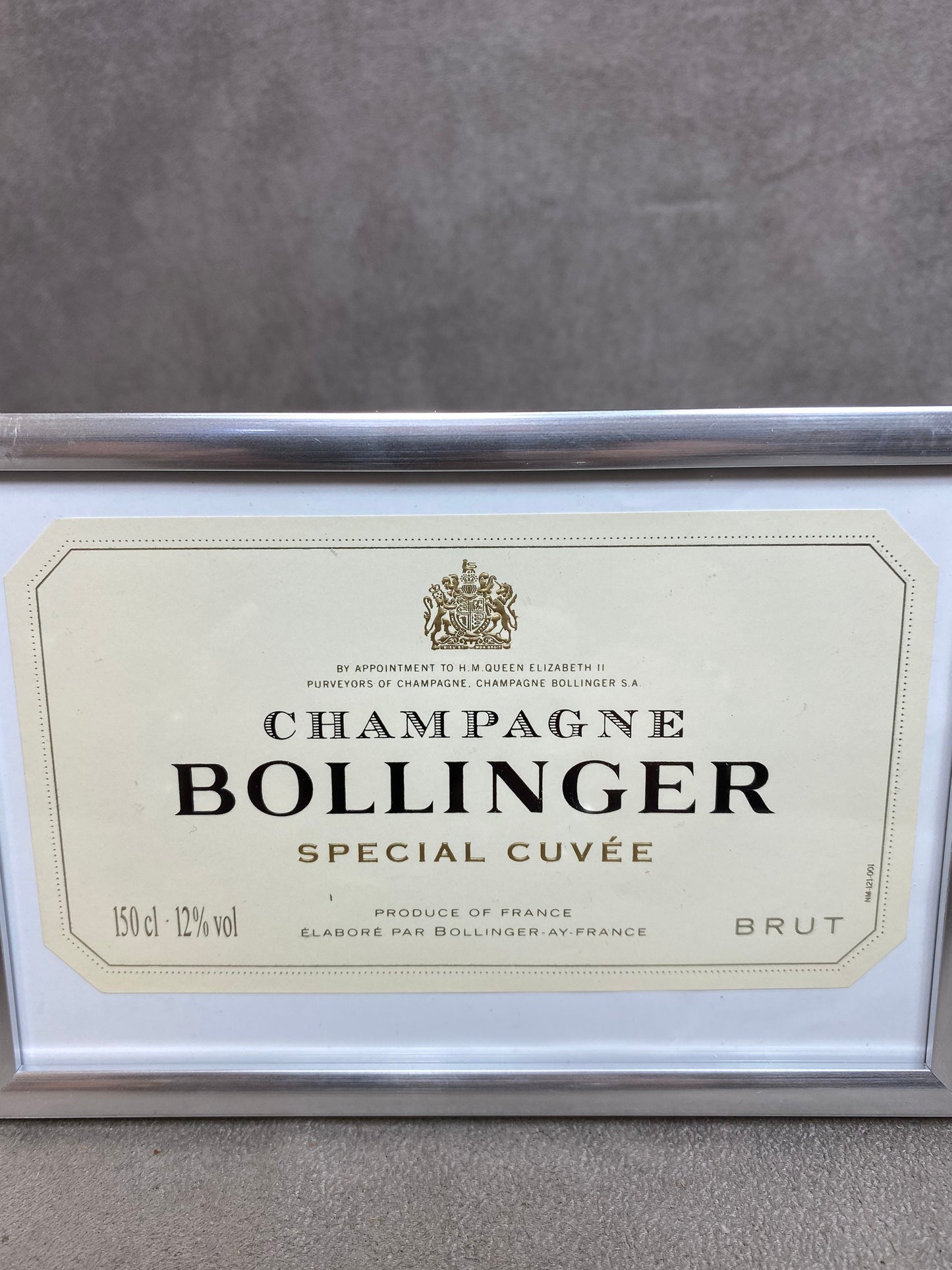 Bollinger champagne label framed with stainless steel frame Handmade product in France