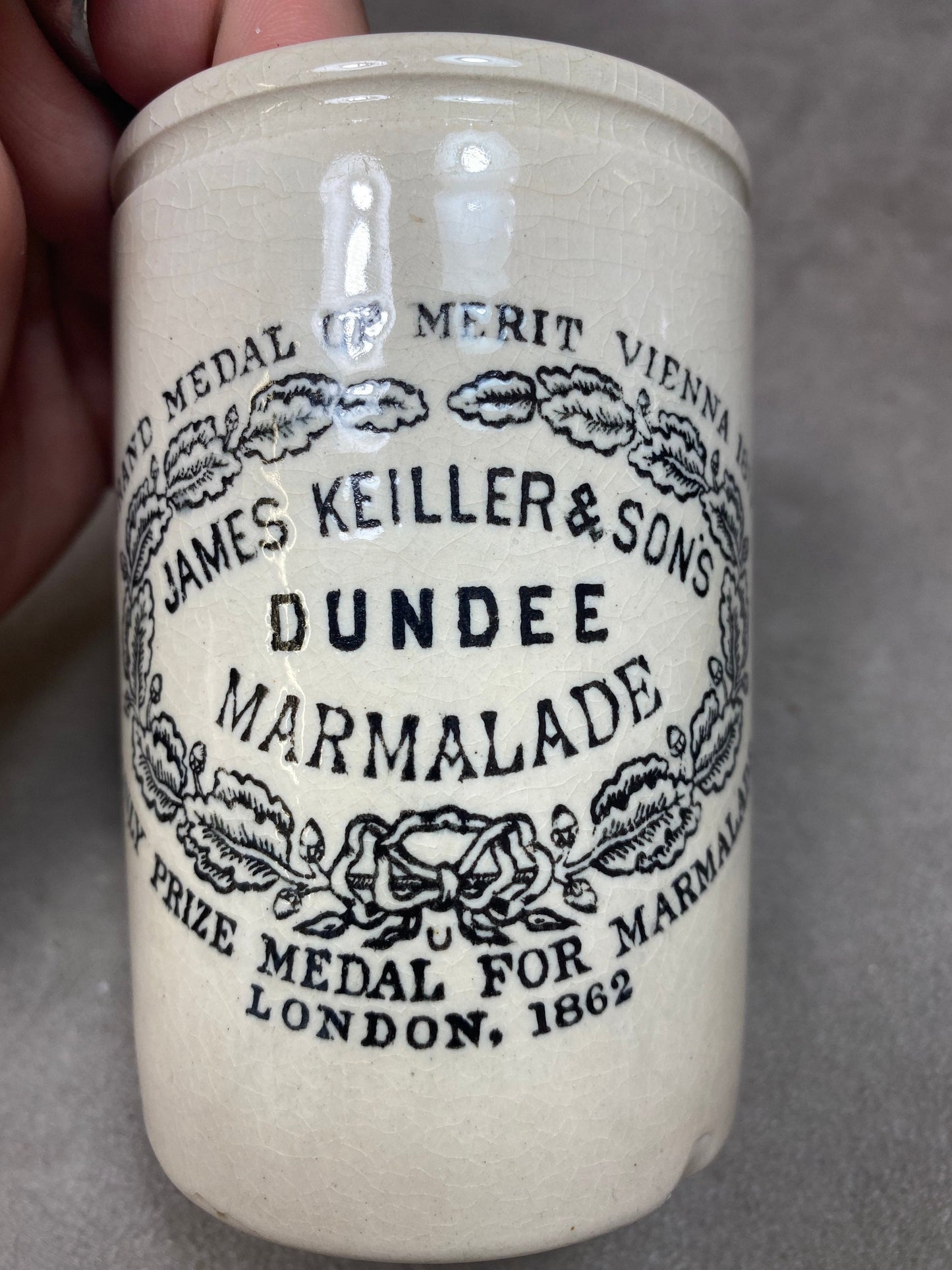 SEHR SELTENES antikes DUNDEE-Steinzeugglas von James Keiller &amp; Son Ltd., 1 Pfund Orangenmarmeladenglas, - Antiker englischer Marmeladentopf aus Steingut - 19. Jahrhundert