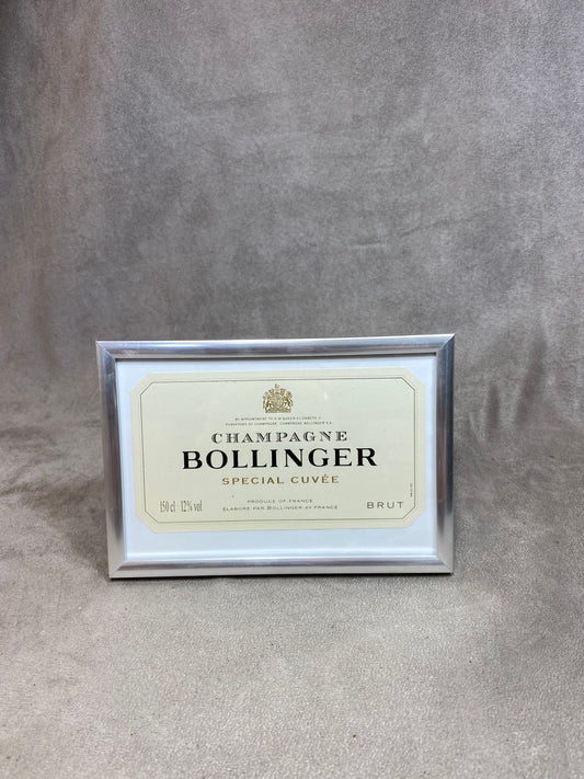 Bollinger champagne label framed with stainless steel frame Handmade product in France