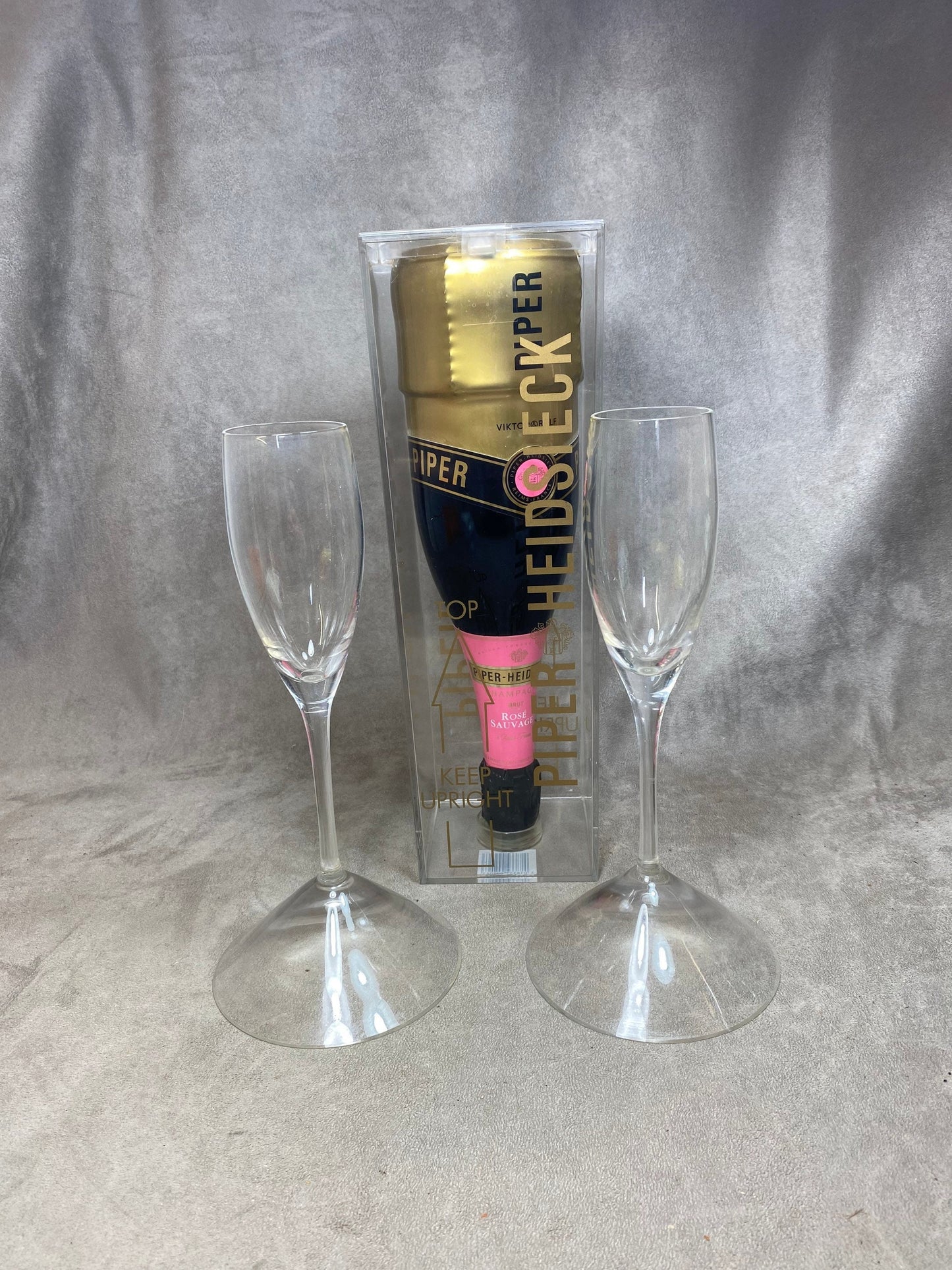 VERY RARE Set of 2 Vintage Piper-Heidsieck Champagne Crystal Flutes by Viktor&amp;Rolf in Steel 1980s