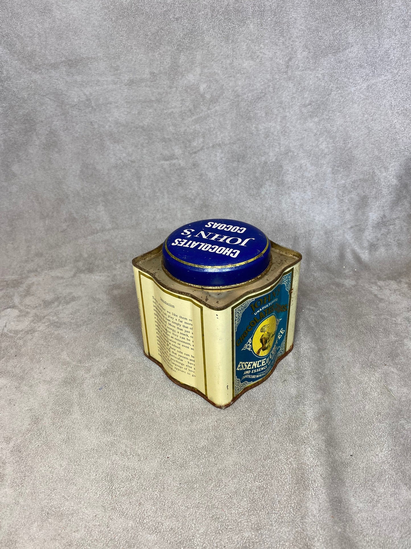 Metal Tin, John's Chocolates Cocoas Essence of Coffee and Spices, Vintage 1960