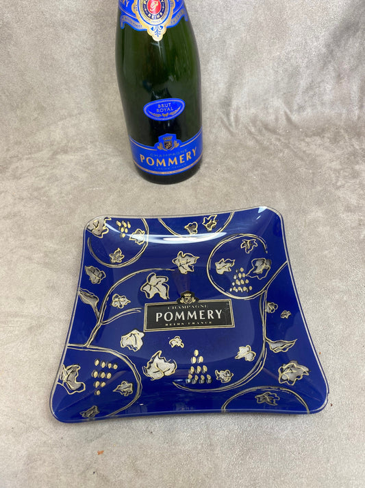 POMMERY champagne collector's ashtray in vintage blue glass made in France