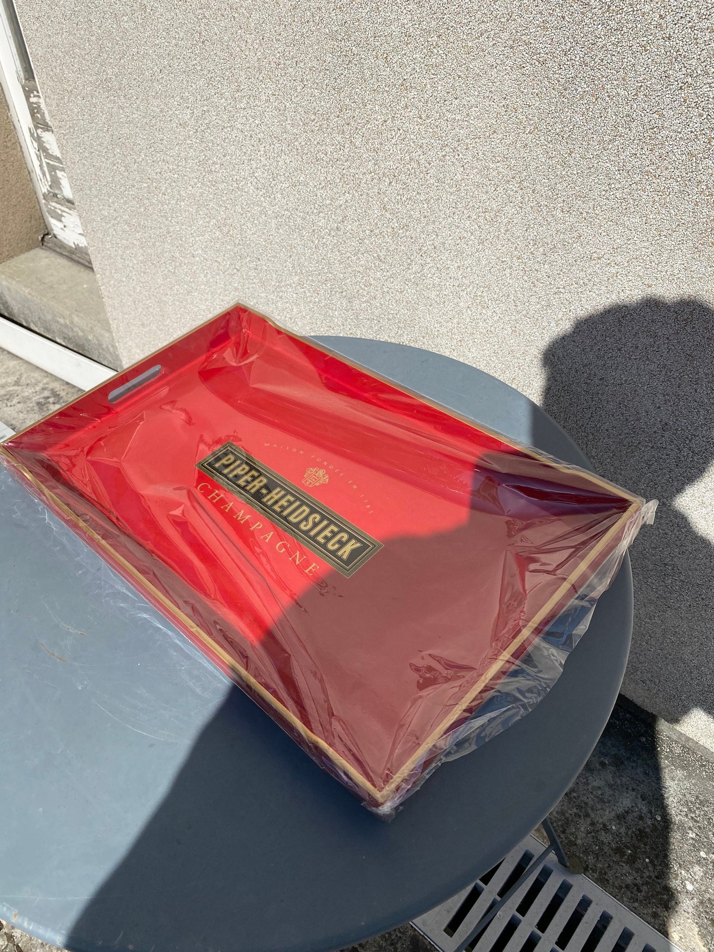 RARE Plateau rectangulaire Champagne Piper Heidsieck en bois rouge Made in France Vintage 1980