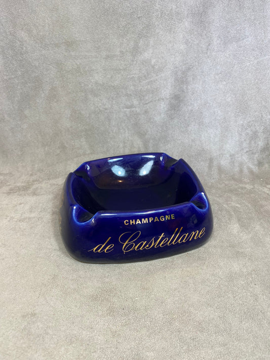 Cendrier champagne De Castellane en céramique bleue vintage Made in France