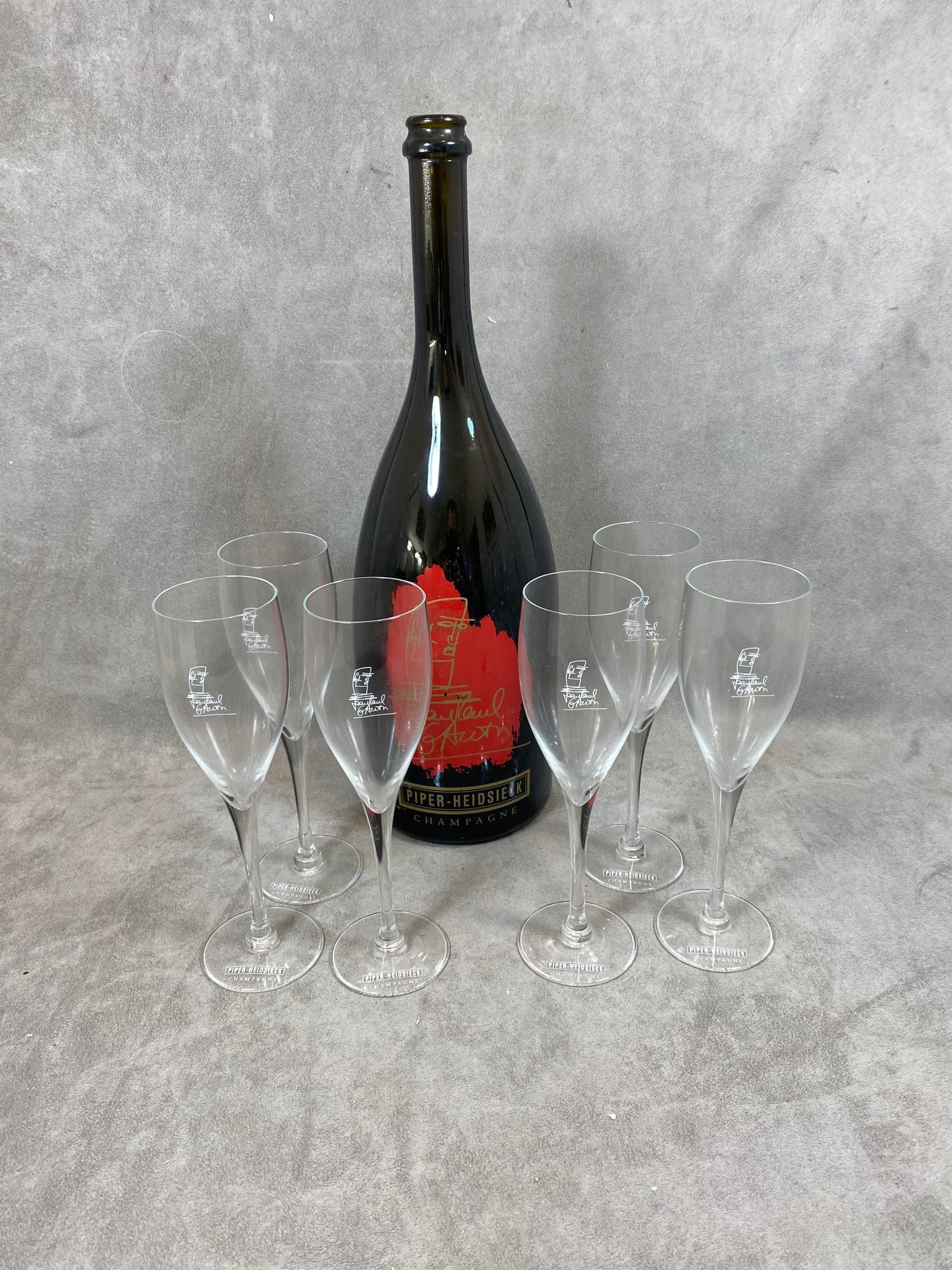 SELTENES Set von 6 Piper-Heidsieck Kristall Champagnerflöten von Jean Paul Gaultier Reims 1990er Jahre