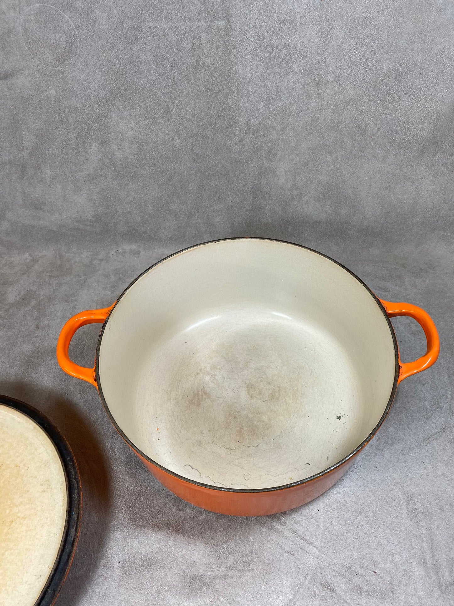 Vintage Le Creuset Cousance Orange Gusseisen Auflaufform Made in France 1980er Jahre