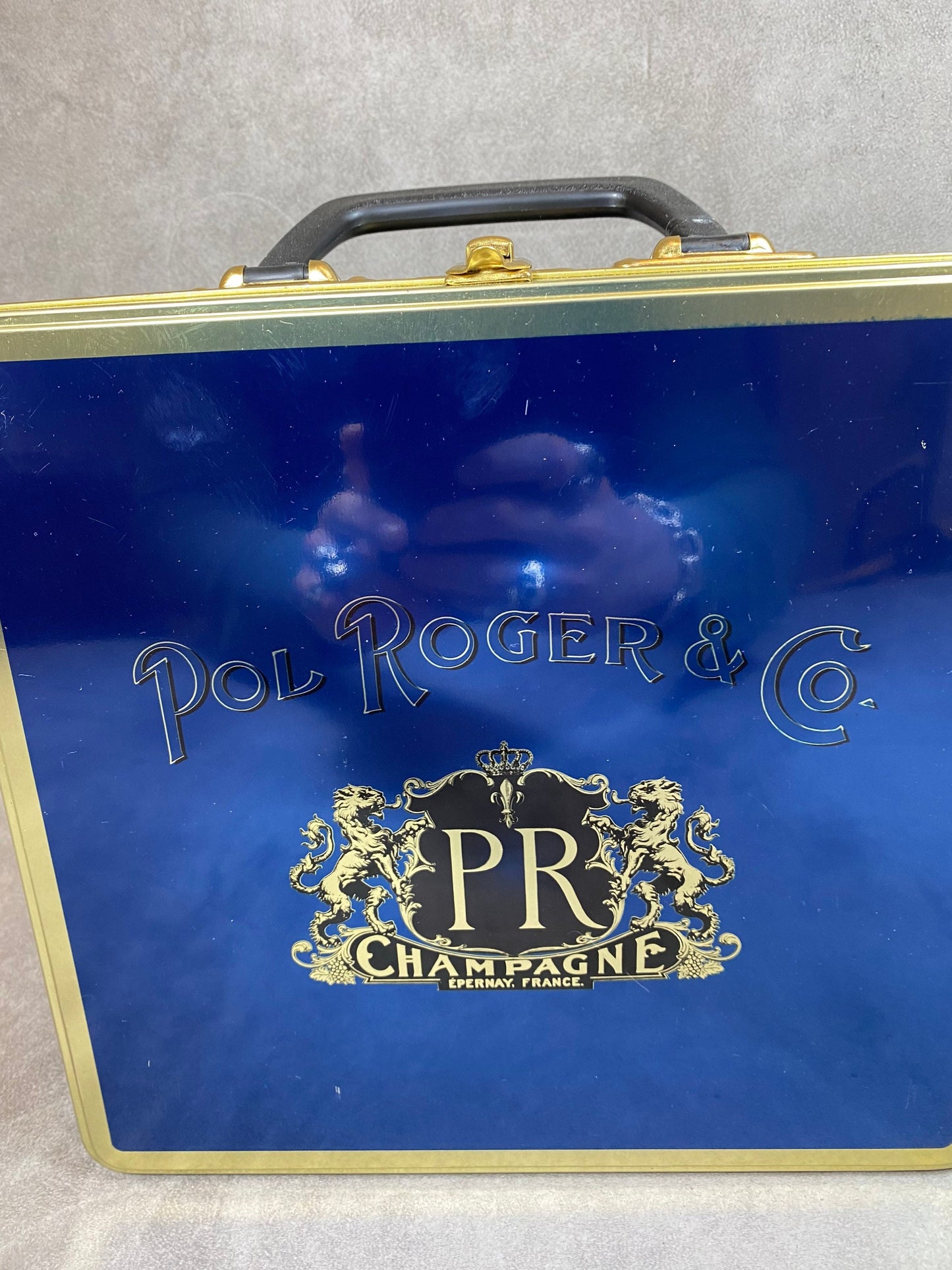 RARE Pol Roger blue aluminum case with champagne handle Made in France 1980s