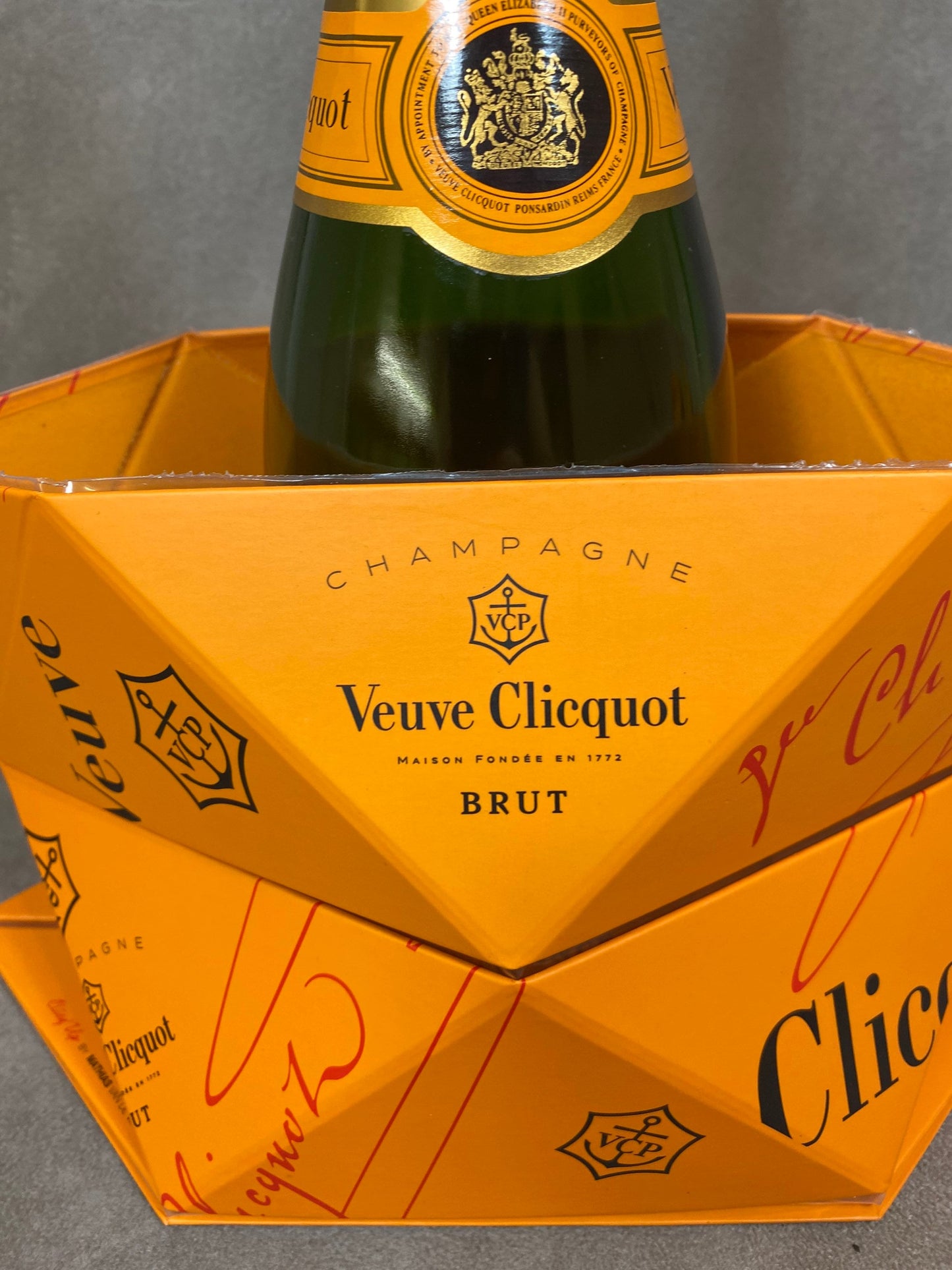 Vintage Veuve Clicquot Clicq'up folding champagne bucket by Mathias van de Walle in cardboard and orange plastic 1990s